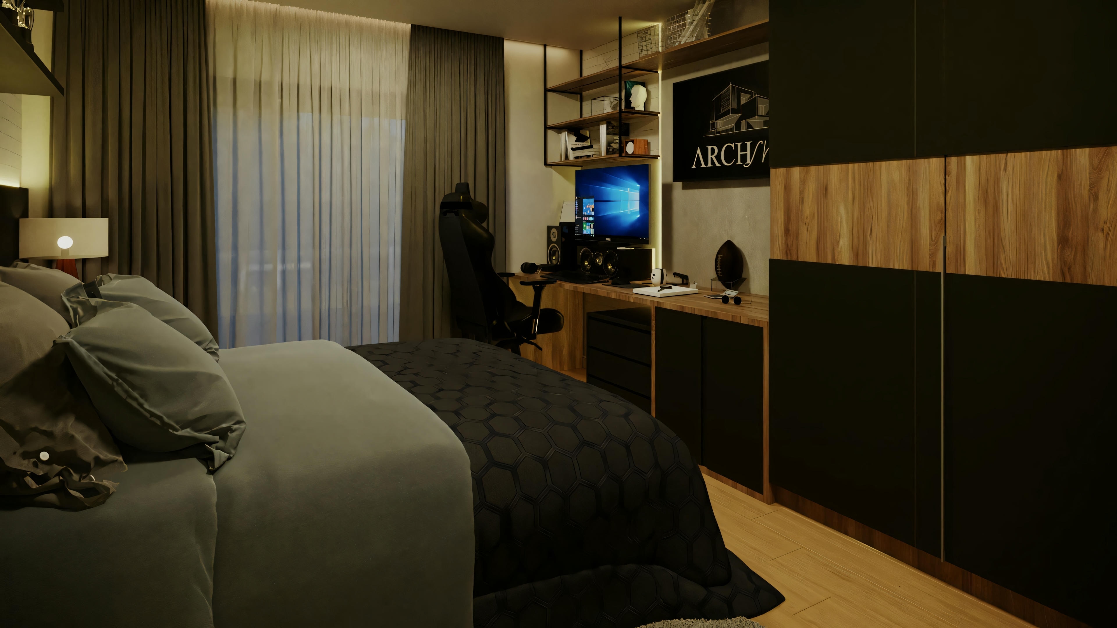 Um quarto com cama em primeiro plano e uma mesa de trabalho com computador ao fundo, iluminada por luz azul da tela.