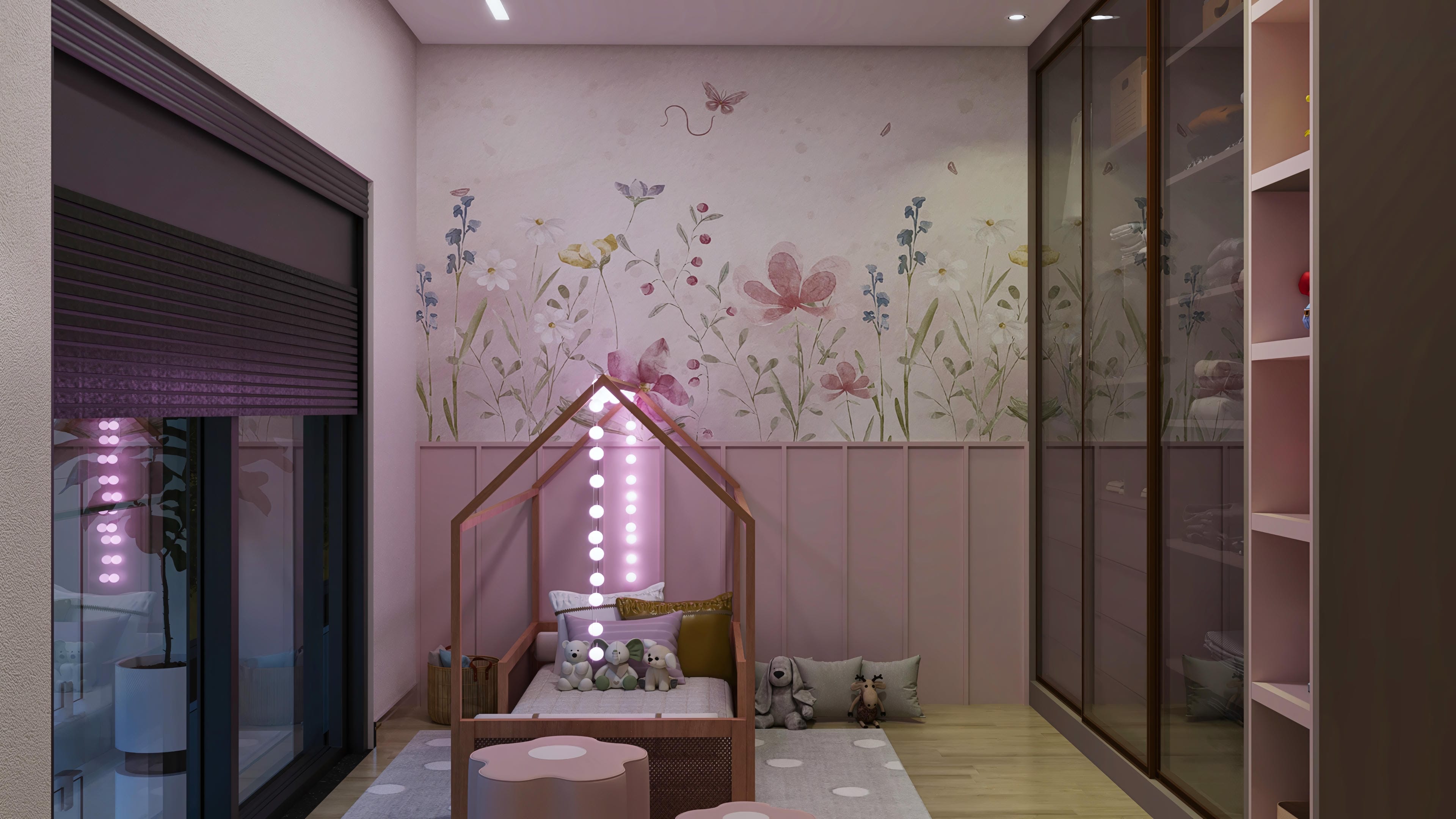 Quarto infantil decorado com papel de parede floral e mobiliário moderno, com cama em formato de casinha e iluminação aconchegante.