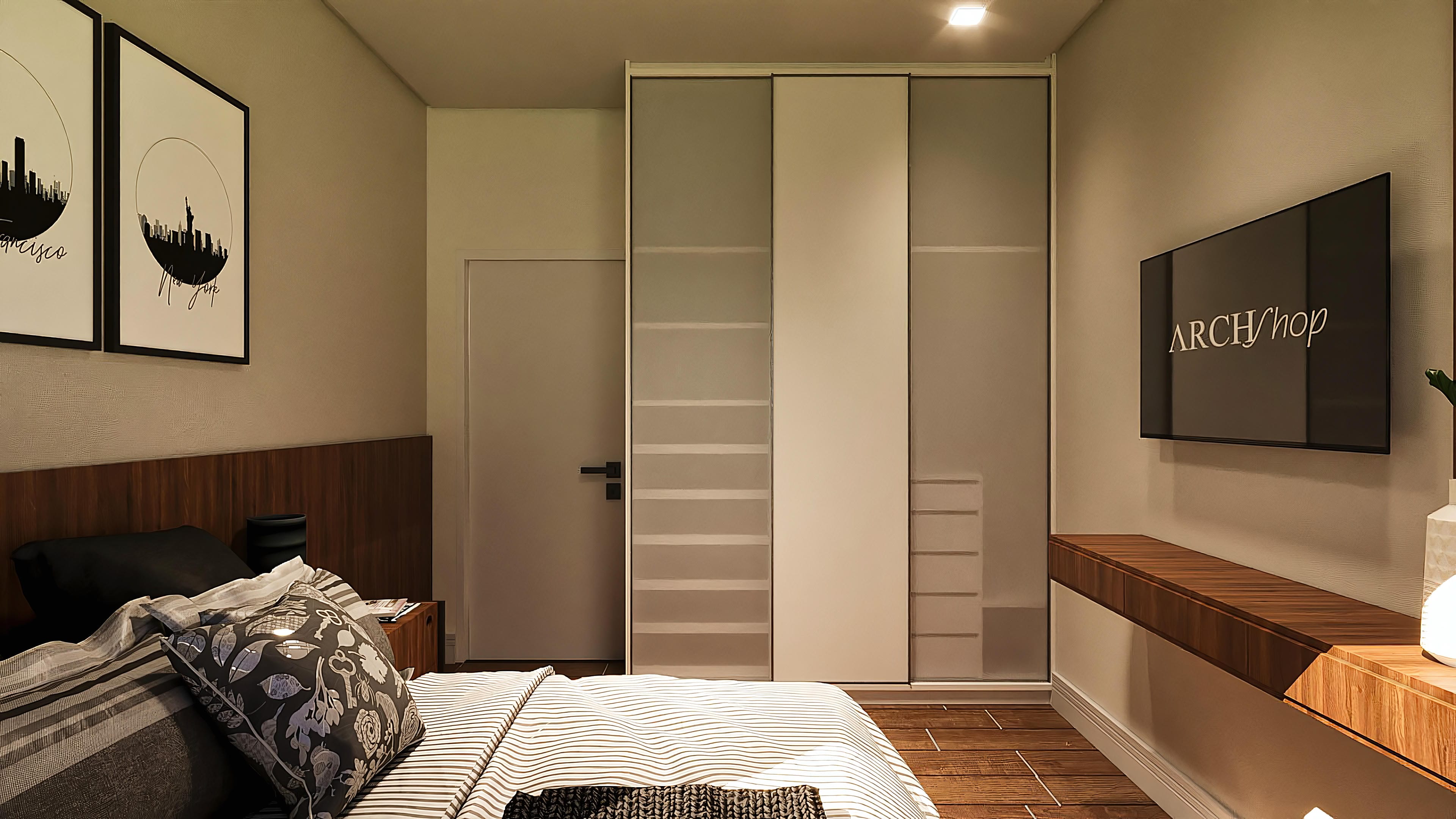 Quarto de alto padrão com decoração neoclássica, cama king size com lençóis listrados e almofadas decorativas, closet espelhado e painel de TV moderno.