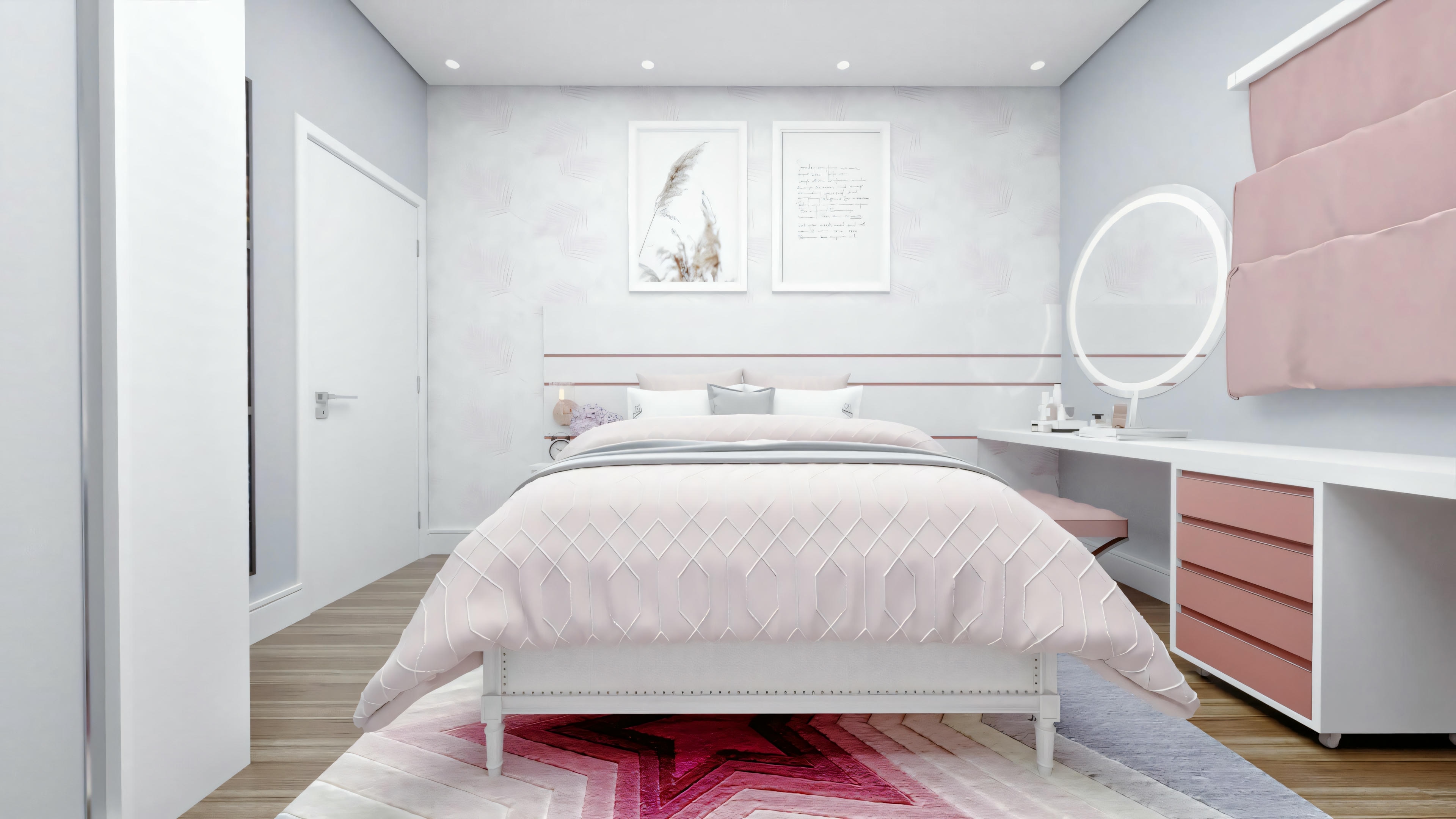 Um quarto com paredes brancas, uma cama com roupa de cama branca e rosa, e um armário rosa ao lado da cama. Há também um espelho redondo na parede e uma janela no lado oposto.