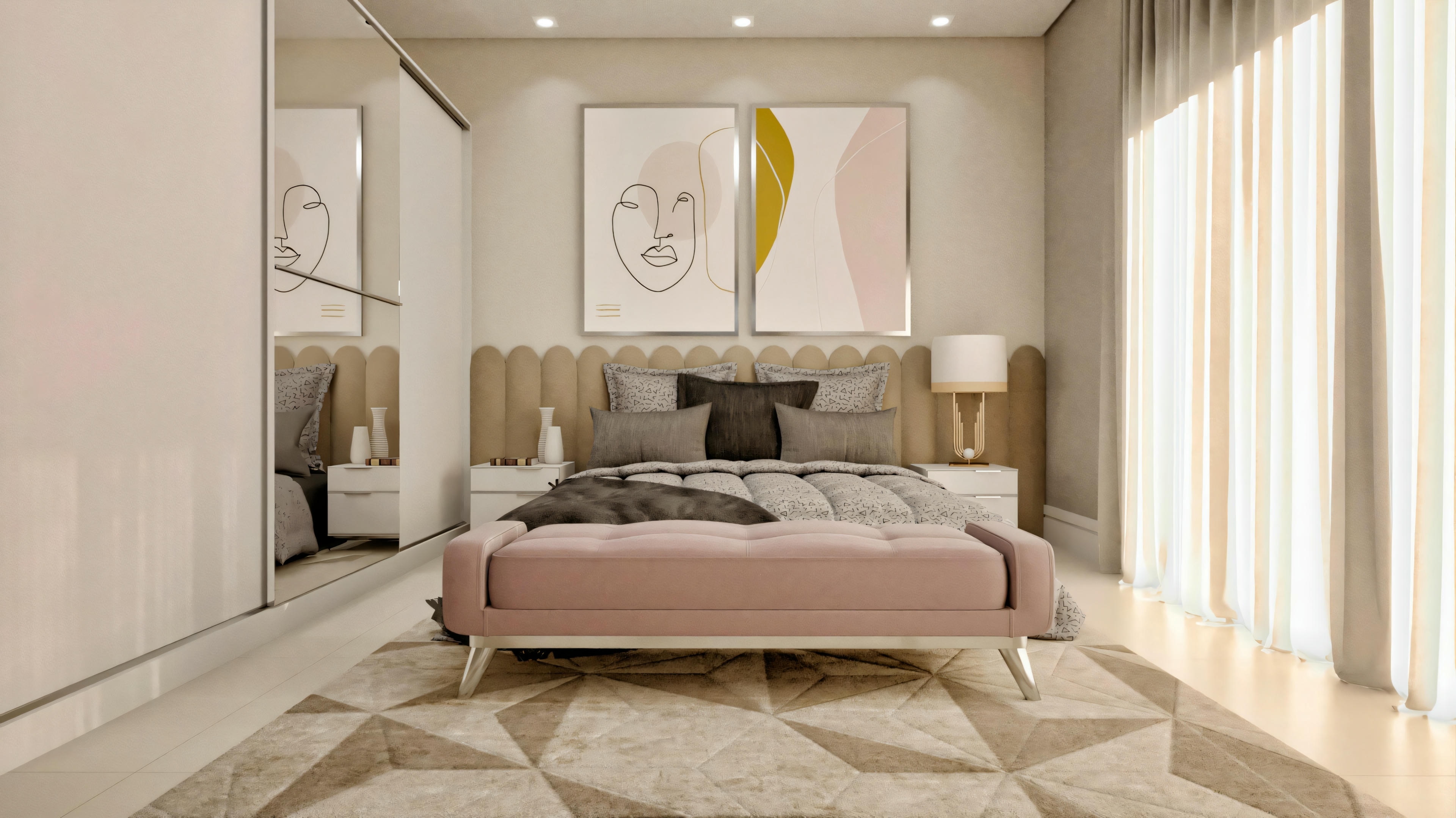 Quarto de suíte de casal decorado em estilo contemporâneo, com cama, cabeceira estofada, banco rosa, tapete geométrico e armário espelhado, integrante de projeto de casa neoclássica moderna.