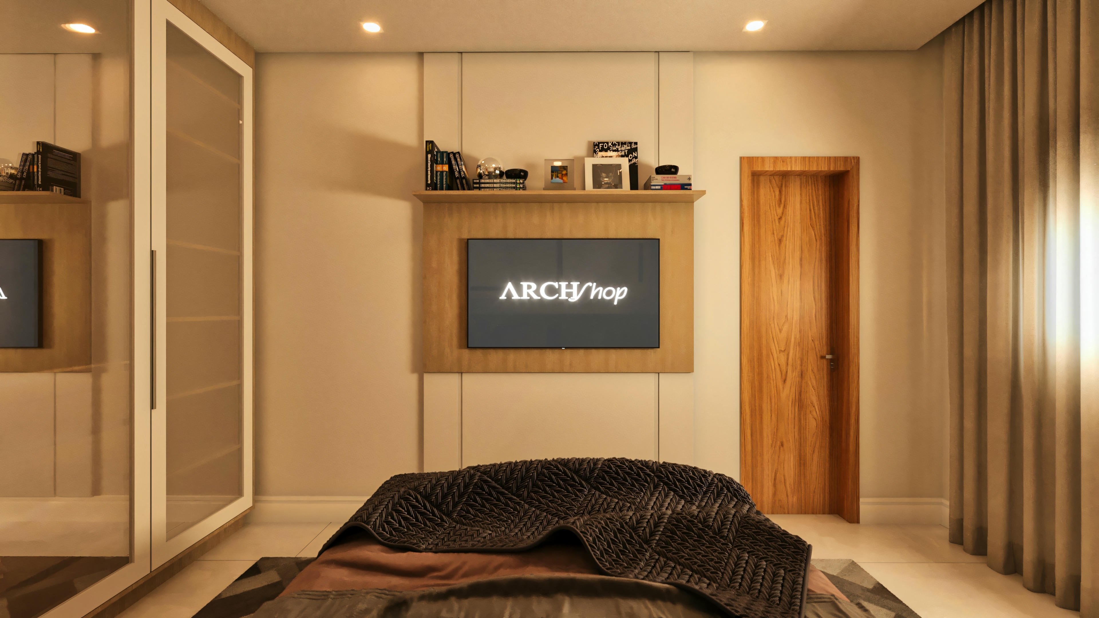 Front view from the bed towards the TV panel, wooden door, and closet with glass/mirrored doors in the second suite of a modern 3-bedroom, 2-suite house.