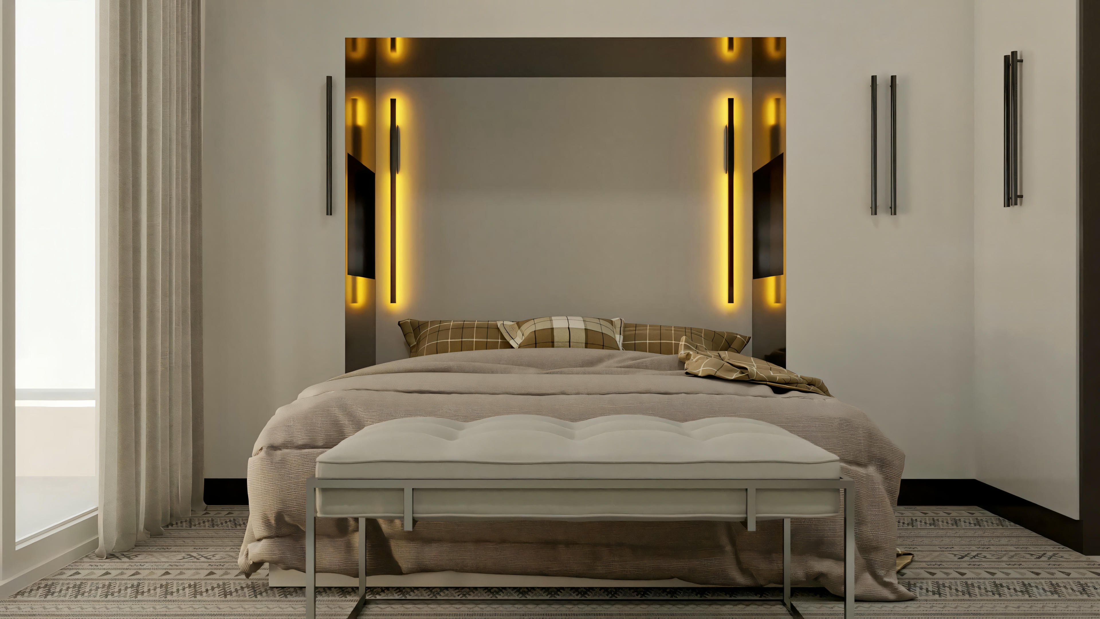 Decorated suite bedroom in the 3-bedroom house project with pool. Modern headboard with built-in lighting and bench at the foot of the bed. Archshop ready-made project.