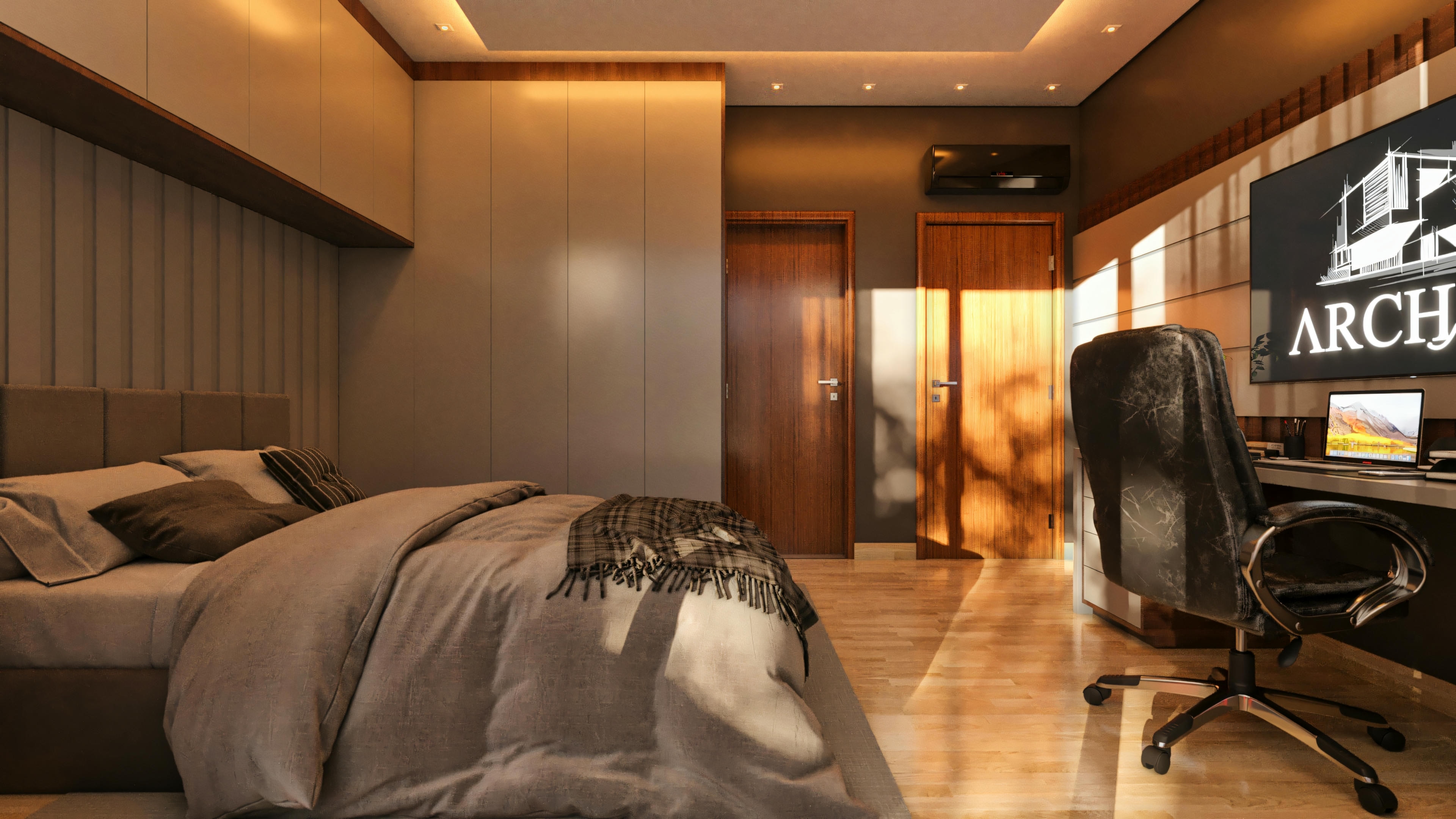 Amplia suite en casa de lujo con cama de matrimonio, armarios planeados del suelo al techo, panel de madera sobre la cama, suelo de madera, dos puertas de acceso y una estación de trabajo con ordenador y silla de oficina.