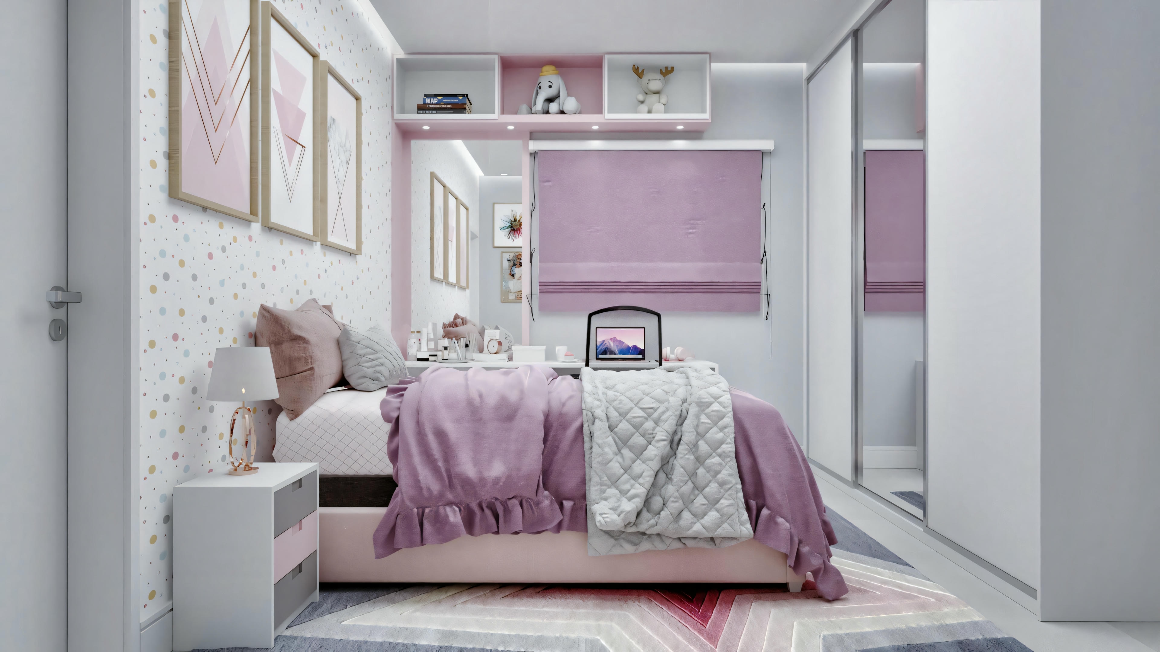 A tidy bedroom with a bed in the center, covered in pink and white bedding. There is a nightstand with a lamp, and the walls are decorated with several framed pictures.