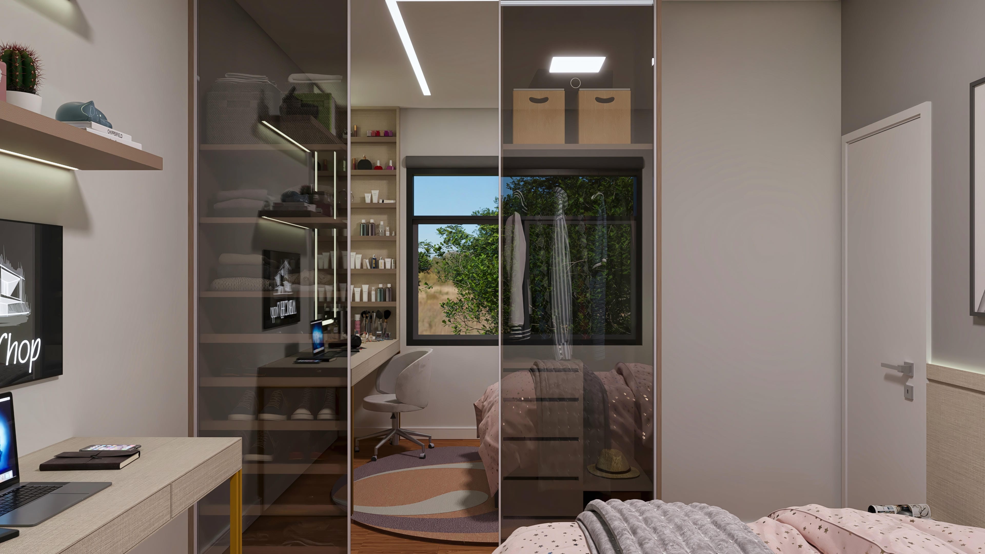 Interior of a modern two-story house with an office, custom cabinets, and view of the external area. The environment features functional furniture, LED lighting, and wood details.