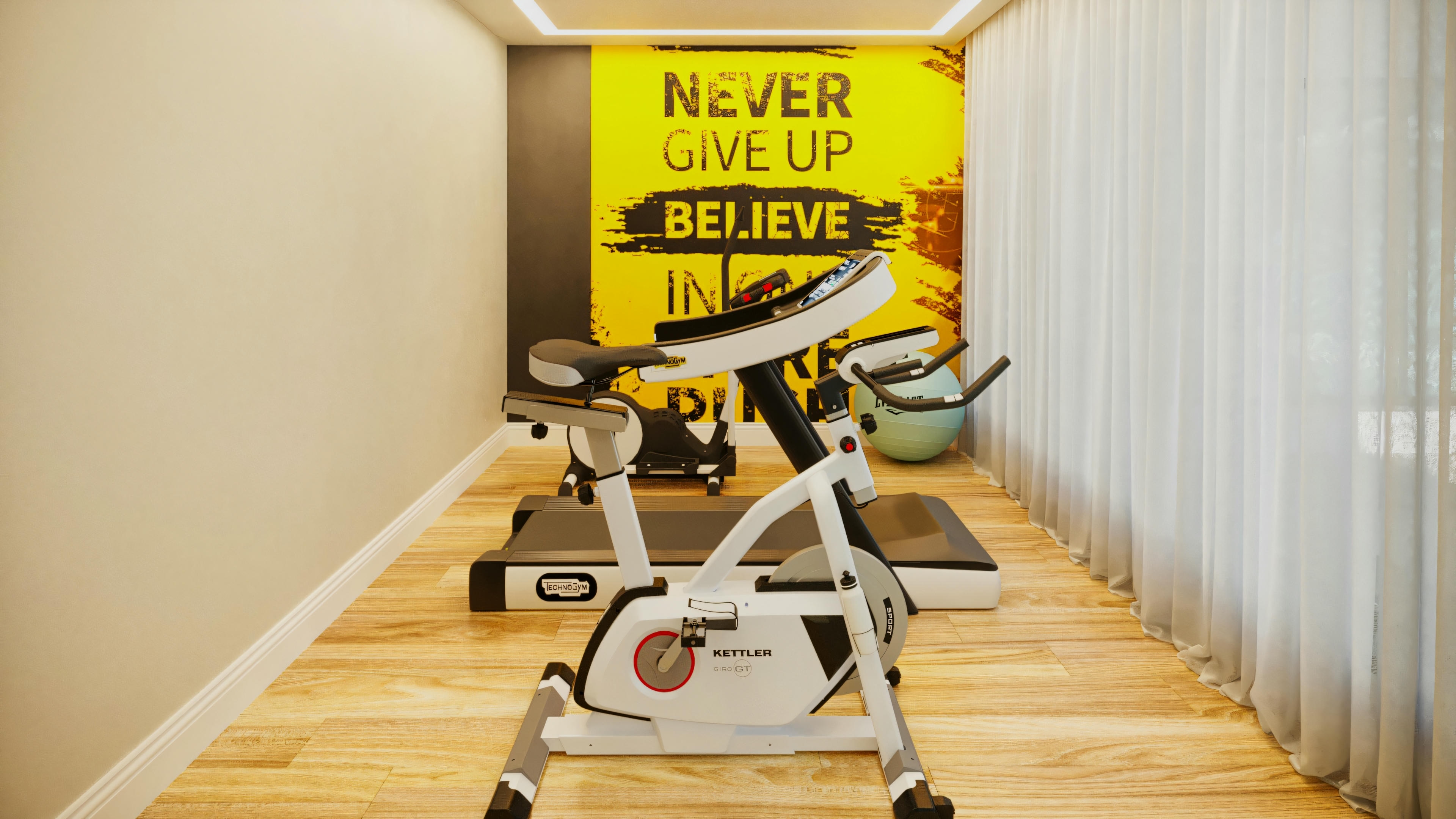 Academia residencial com bicicleta ergométrica, esteira e parede motivacional amarela, em casa com 3 suítes, piscina e área gourmet.