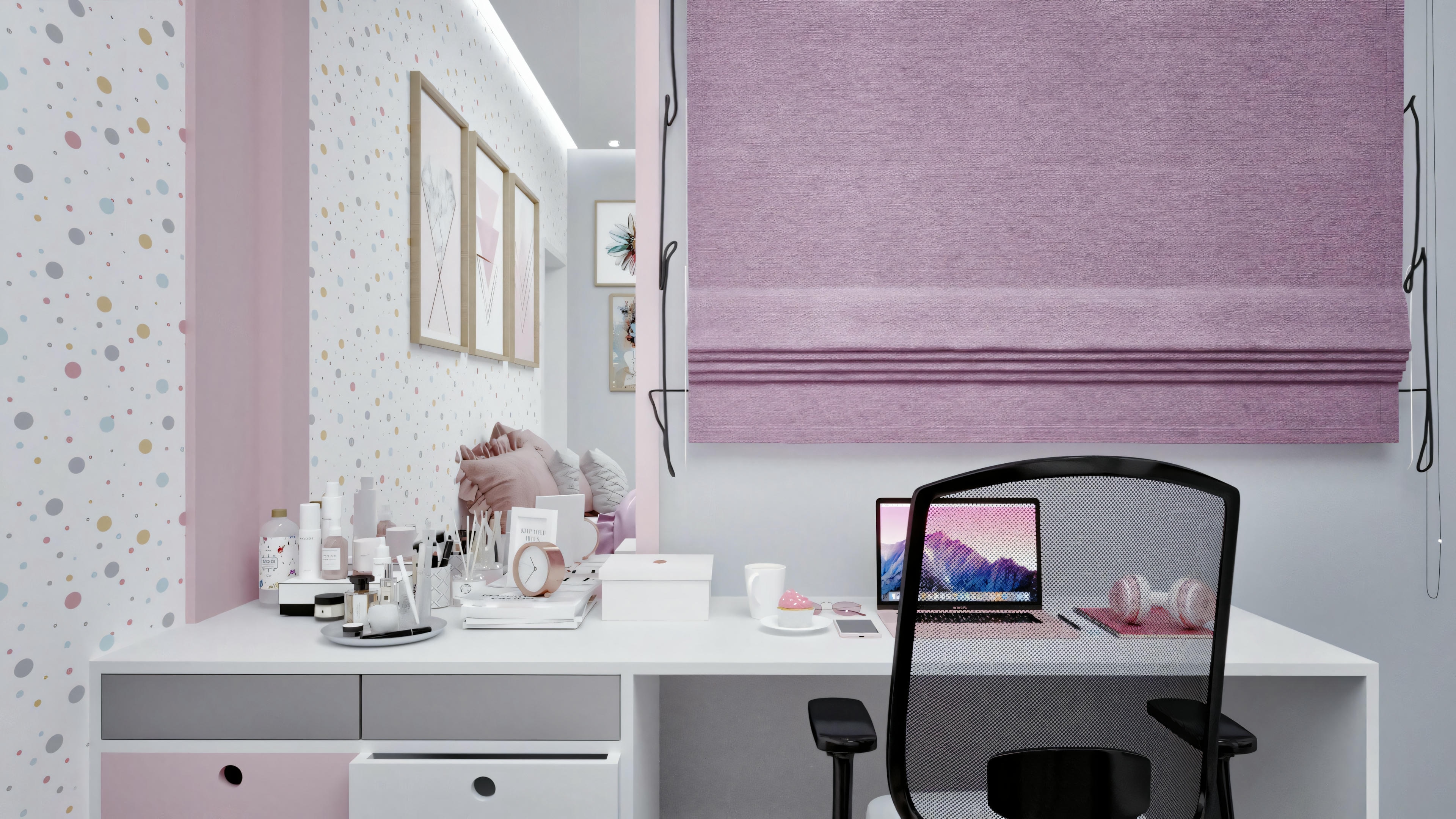 Área de maquiagem com uma mesa contendo produtos cosméticos, espelho redondo com iluminação e um dispositivo eletrônico sobre a mesa.