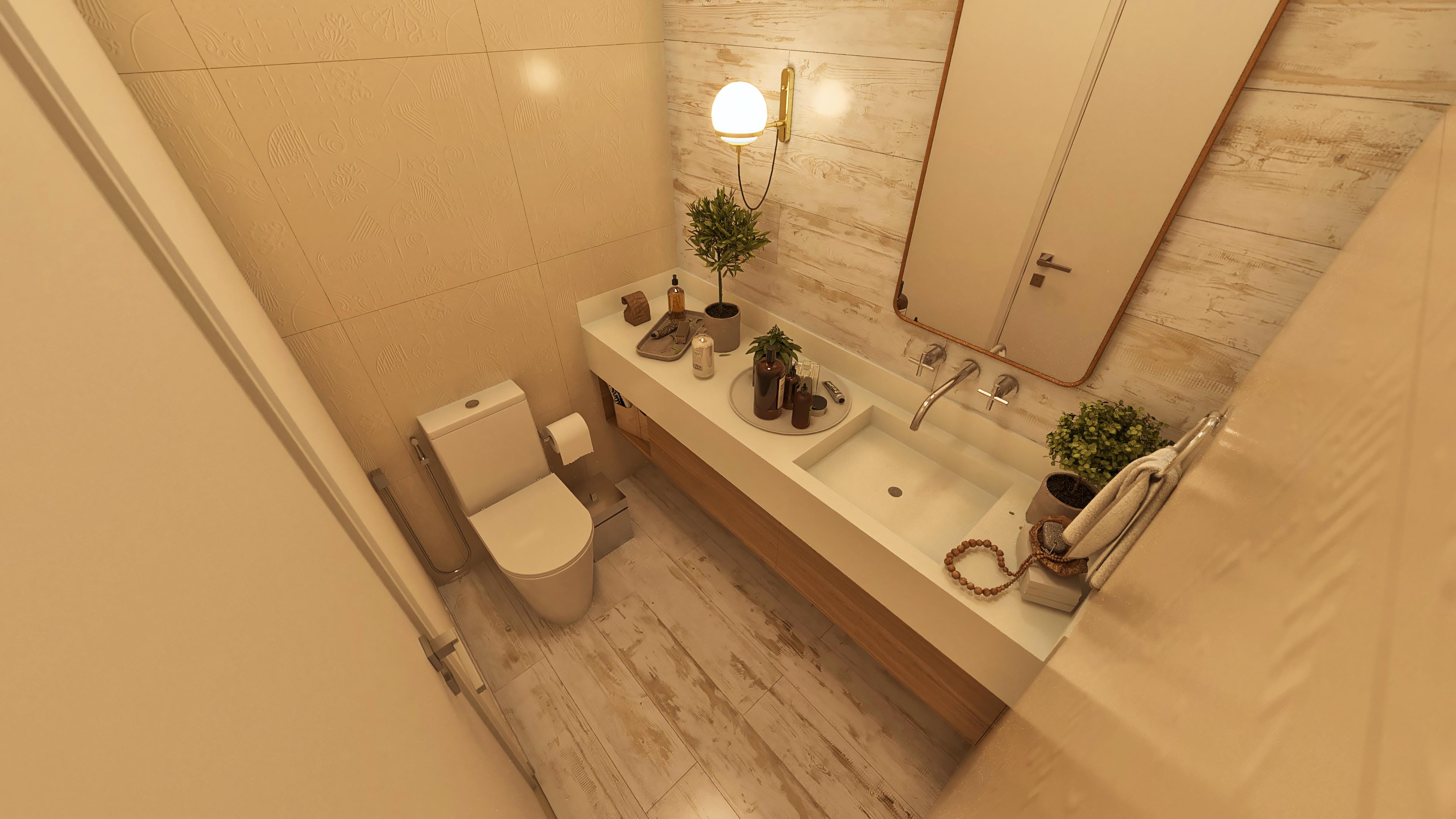 Interior de un baño moderno con inodoro blanco, barra de piedra con lavabo integrado, espejo con marco rústico e iluminación de pared.