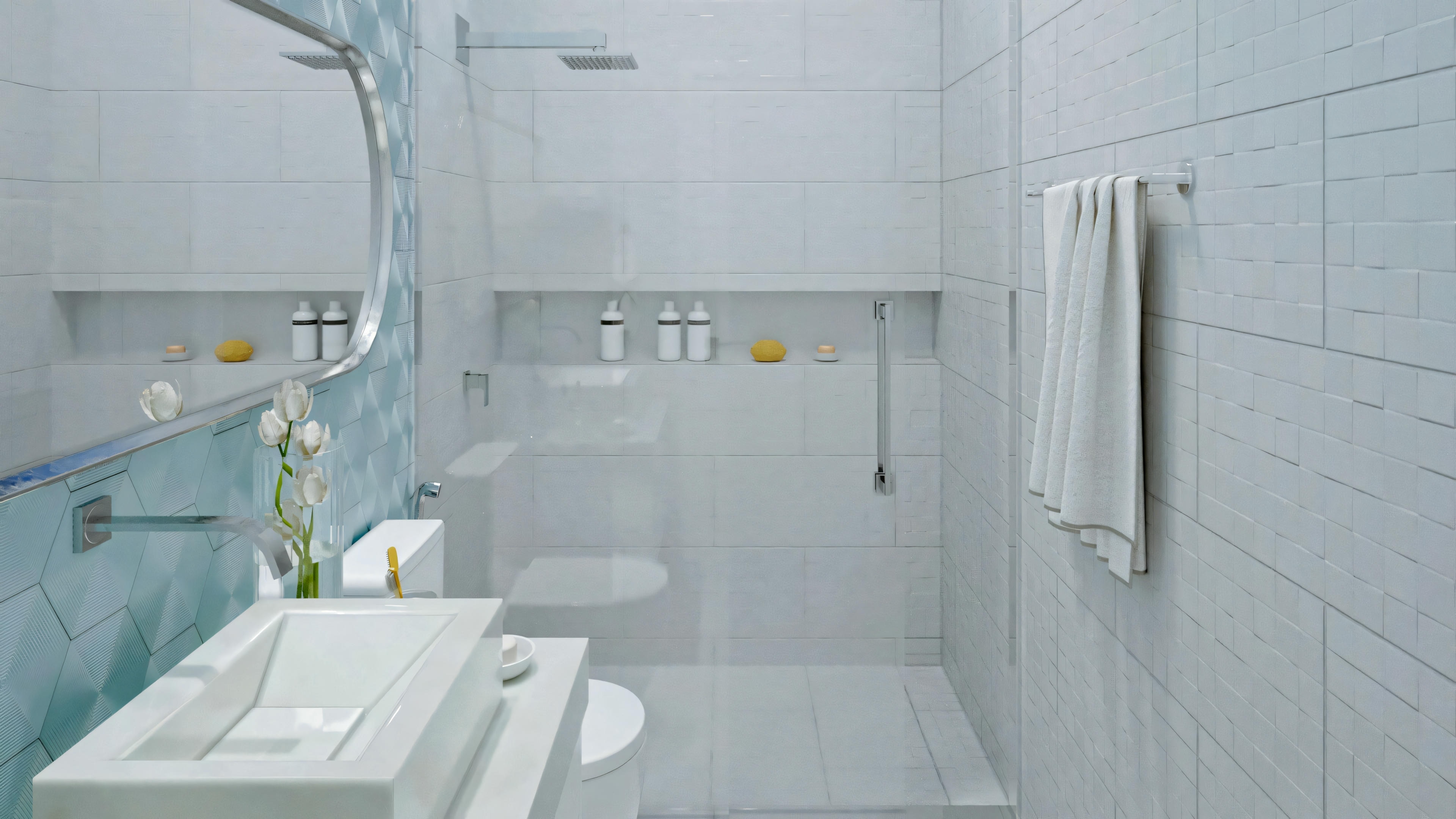 Un baño moderno con paredes de color claro, un lavabo y una zona de ducha.