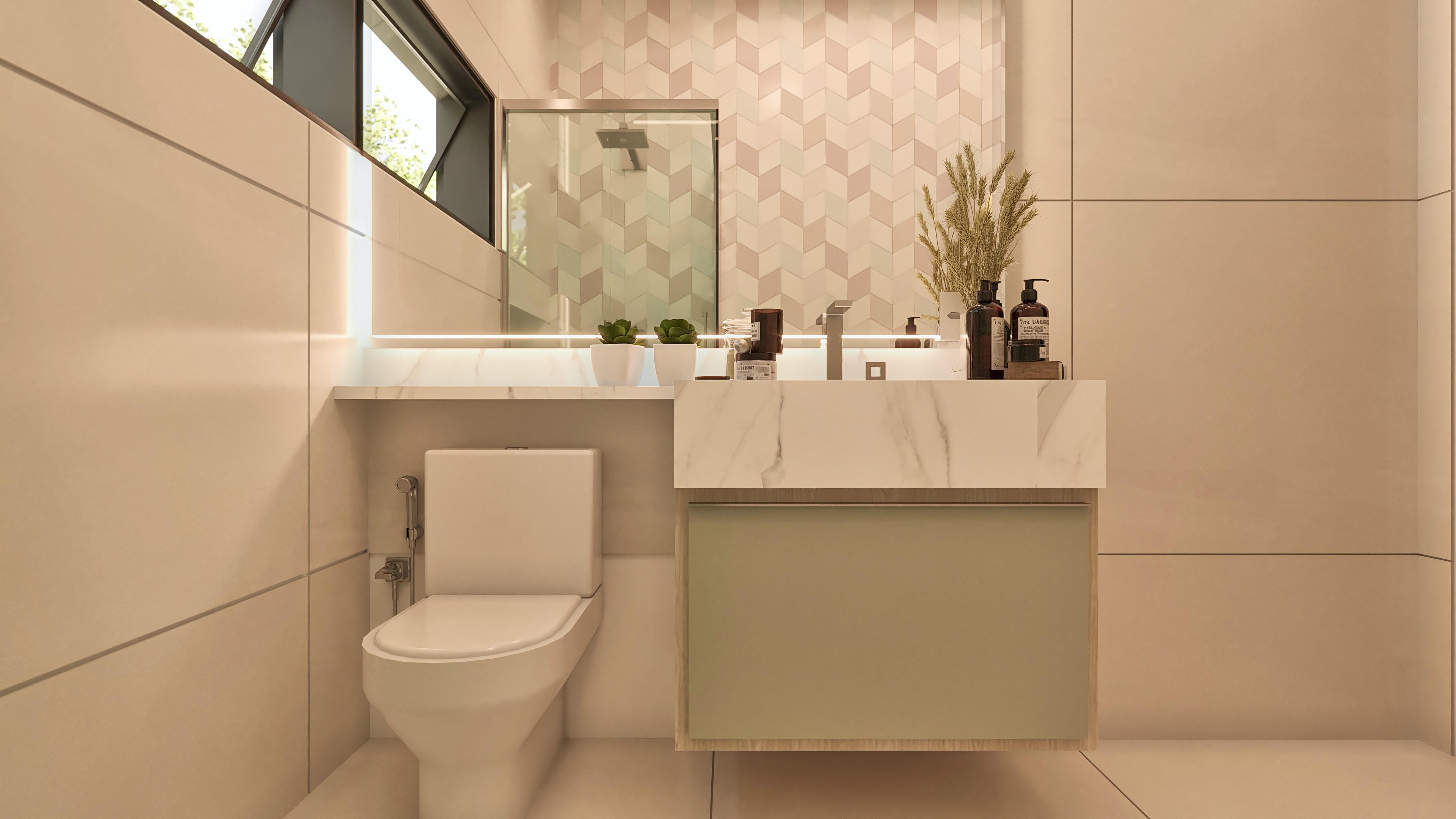 Detalle de un baño moderno con revestimiento en tonos pastel de cerámica geométrica en la pared del área de la ducha y un espejo con iluminación empotrada. La encimera de mármol con lavabo integrado complementa el diseño sofisticado.