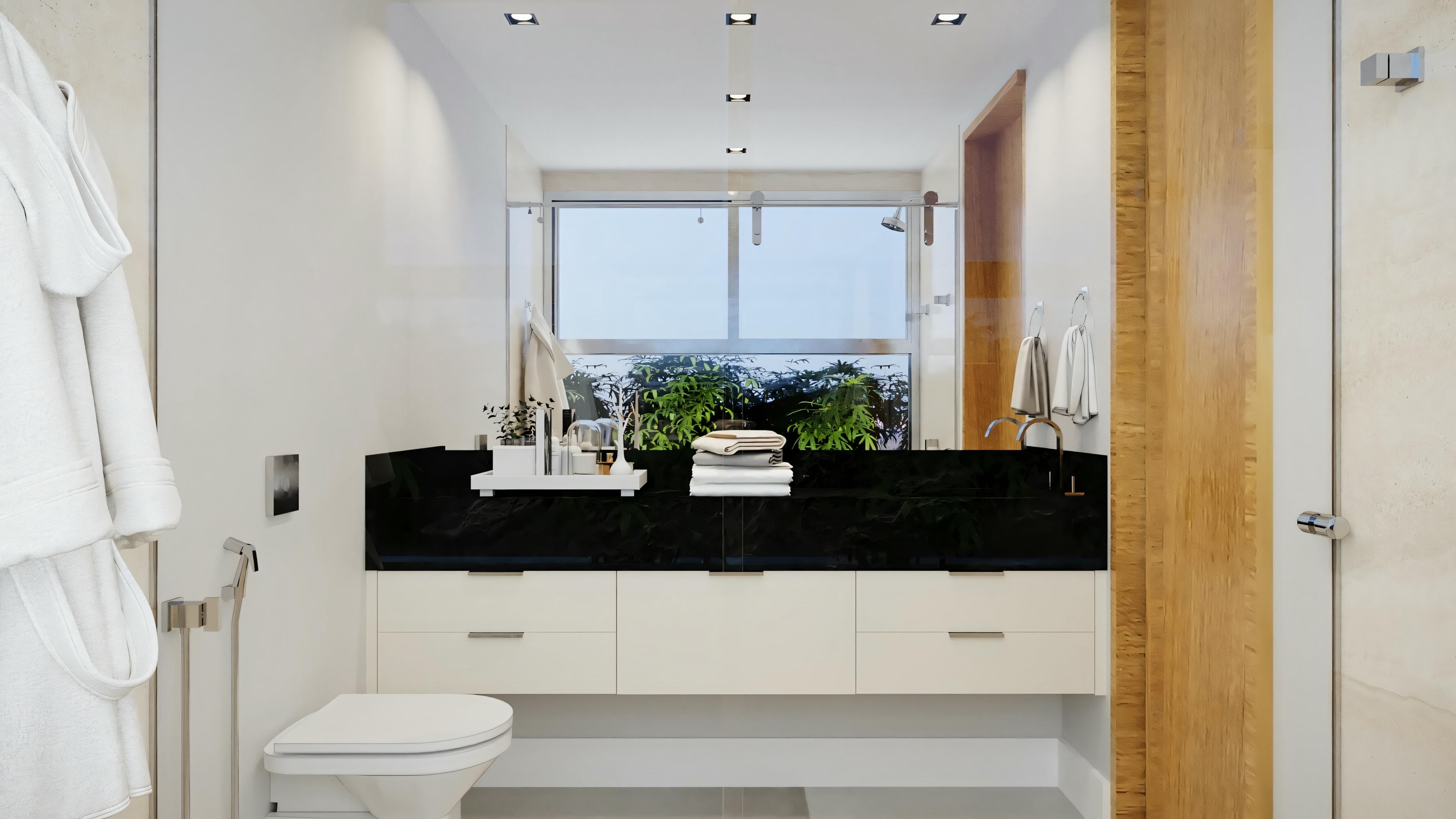 Un baño moderno com un gran espejo, gabinetes debajo del lavabo, inodoro a la izquierda y una ventana con vista exterior.