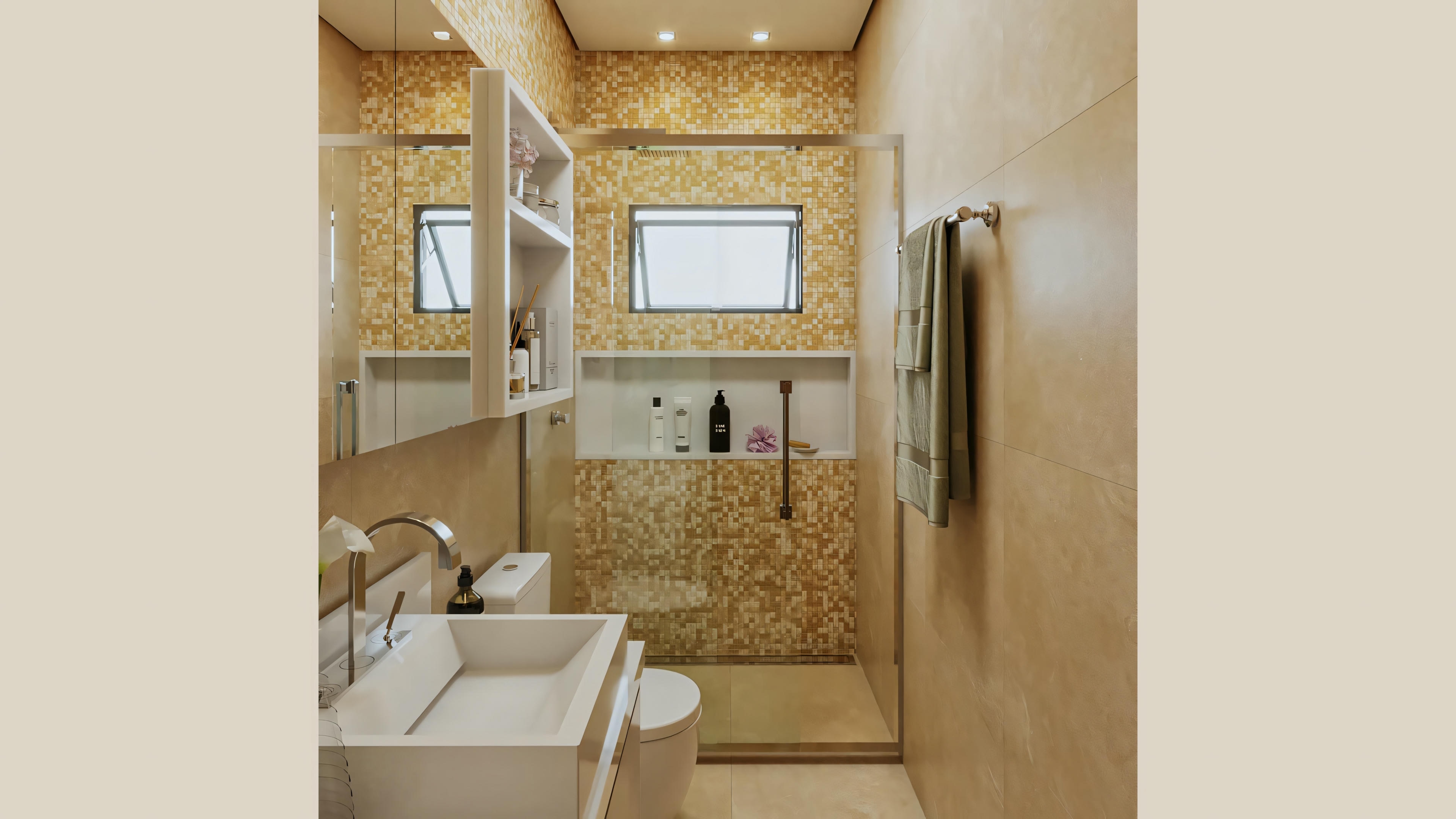 Uno de los cuatro baños del proyecto listo de casa de planta baja (con 2 suites), caracterizado por el revestimiento de pastillas en el área del box. Incluye mesada con lavabo, inodoro, armario espejado, nicho en el box y ventana alta.