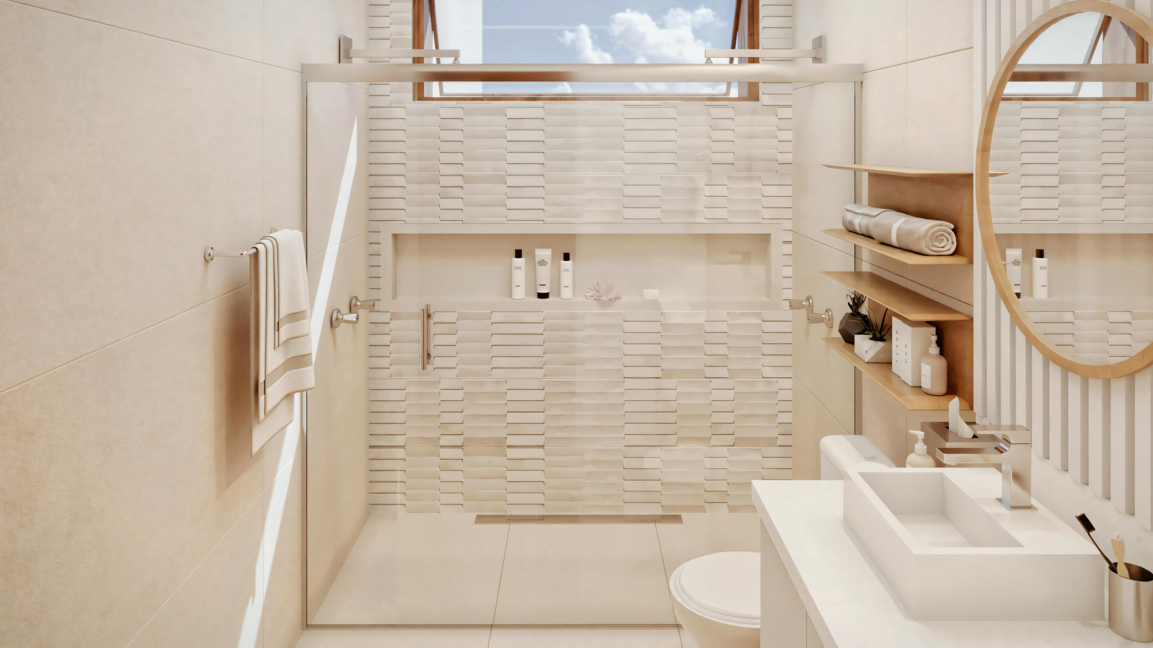 A bathroom with a double sink, large mirror, and lighting.