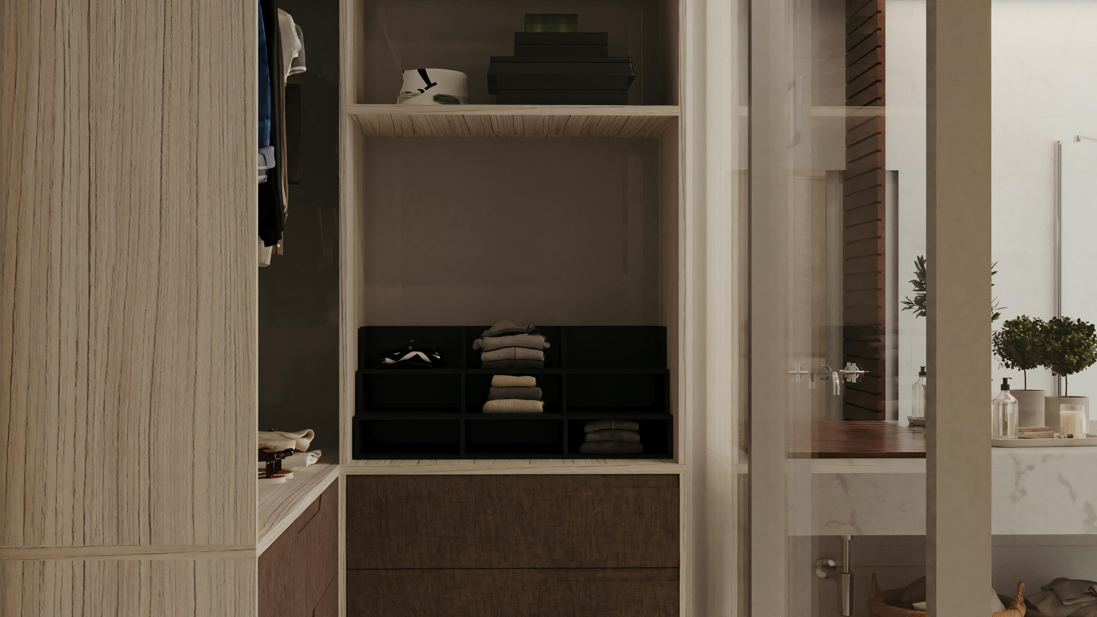 Bathroom with white sink, mirror, and storage compartments, viewed from a different angle.