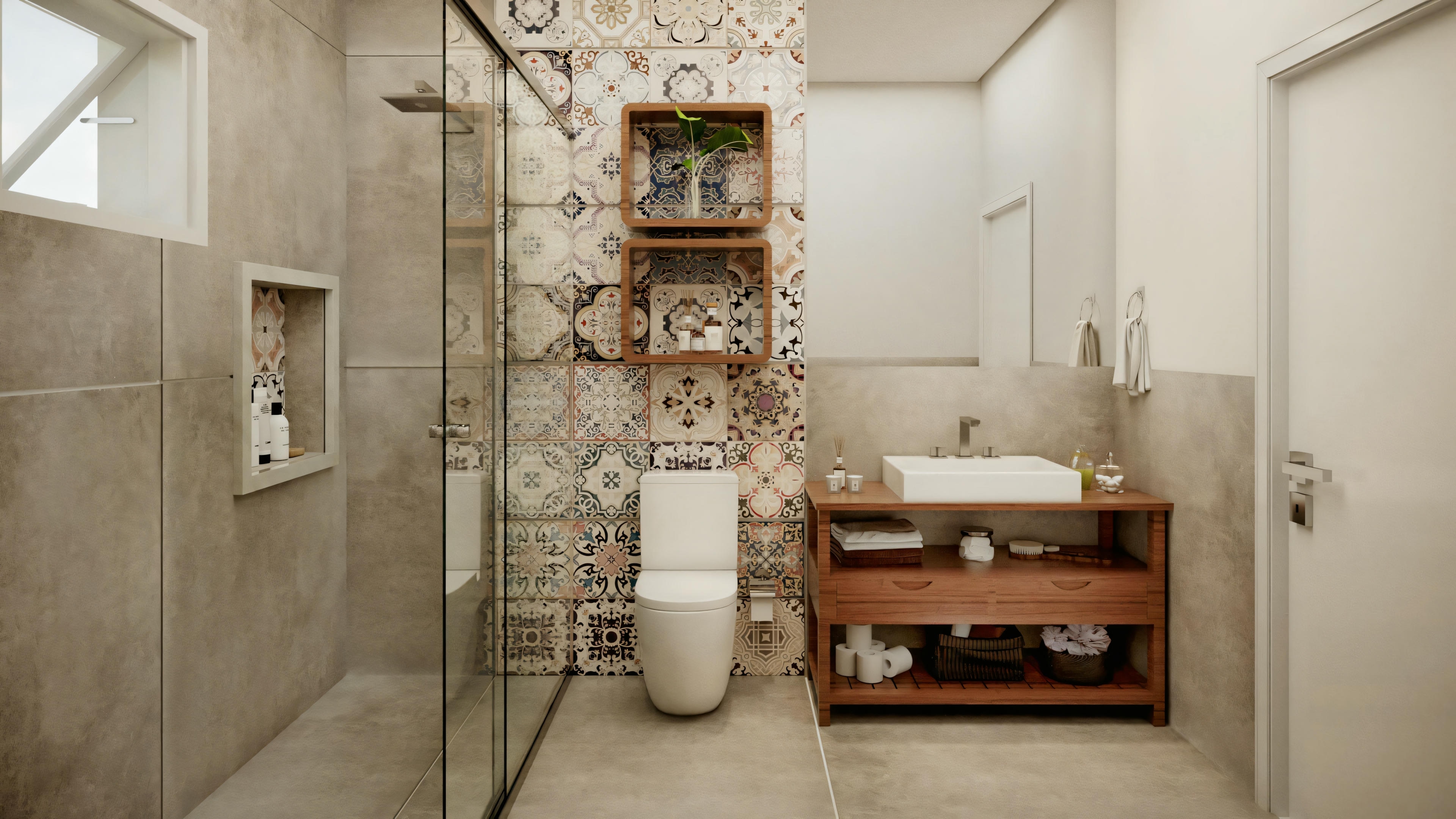 Bathroom with toilet, sink, mirror, and shower area with visible shelves containing towels and toiletries.