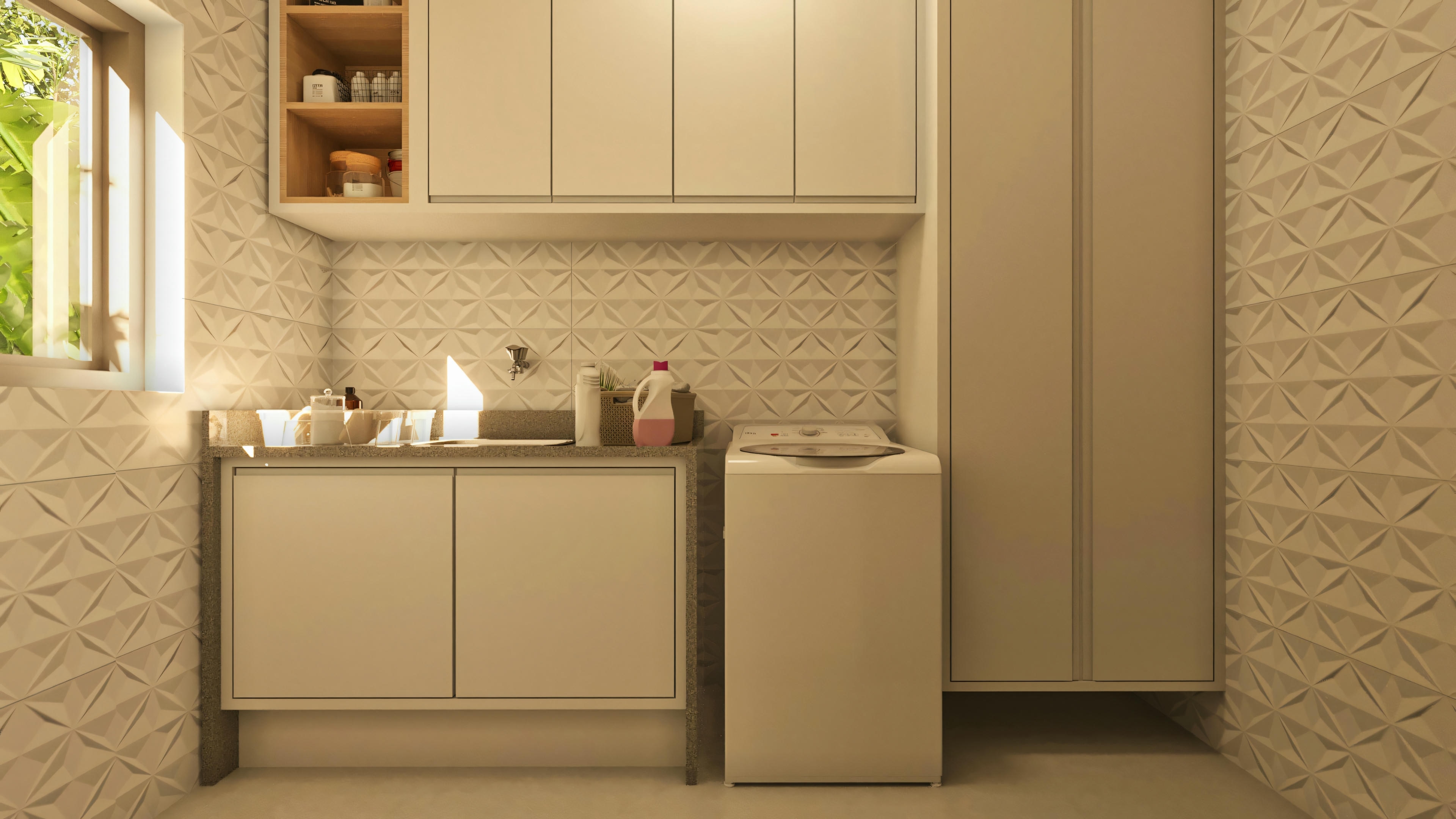Bathroom with sink and mirror, featuring a warm color palette and ambient lighting.