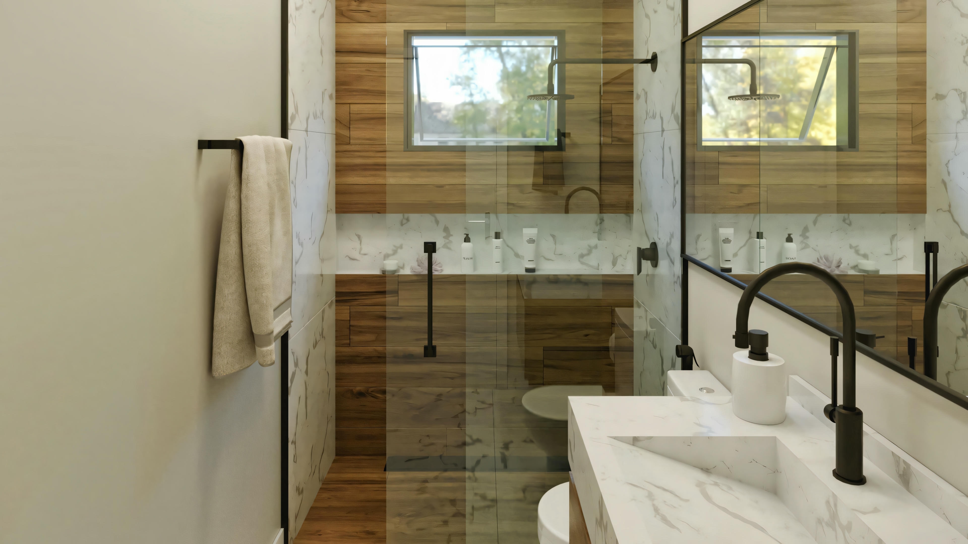 A bathroom with a white sink, dark faucet, and mirror above the sink reflecting a shower area with beige tiles.