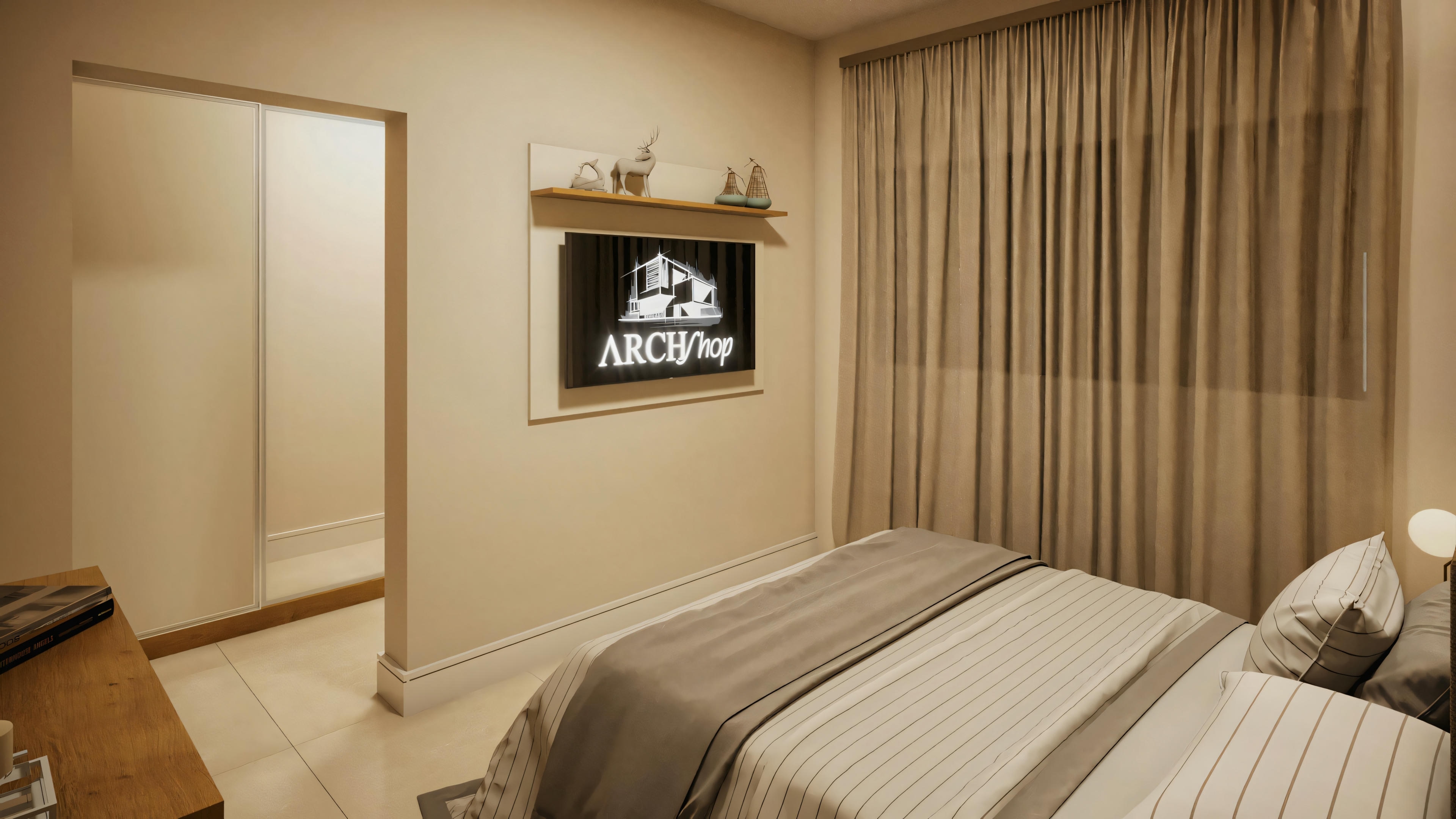 Bedroom with neutral walls, bedding, two pillows, and a television mounted on the wall opposite the bed.