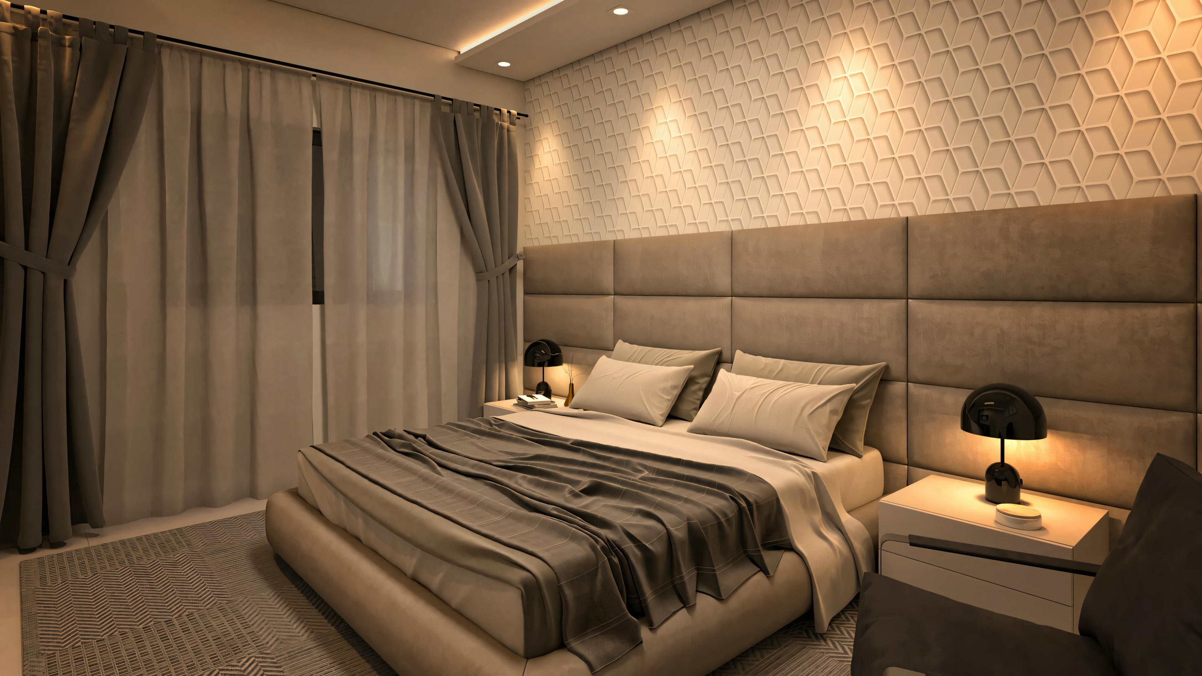 A bedroom with a bed, bedside tables with lamps, and wall decoration.
