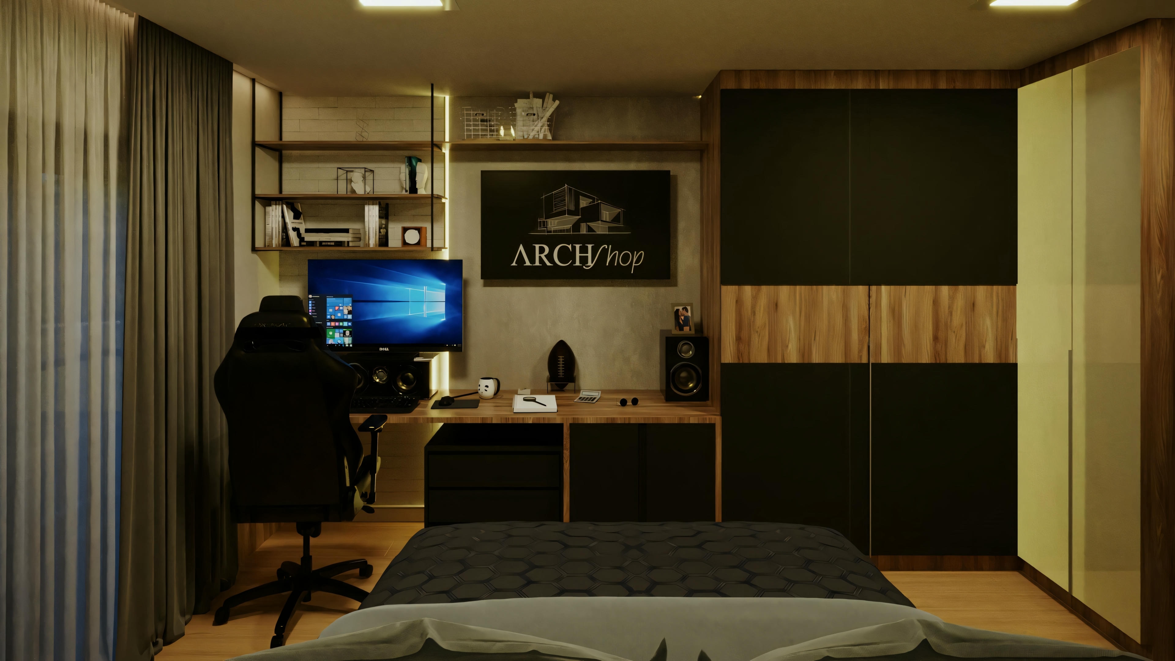 A bedroom with a bed in the foreground and a work desk with a computer in the background, lit by ambient light.