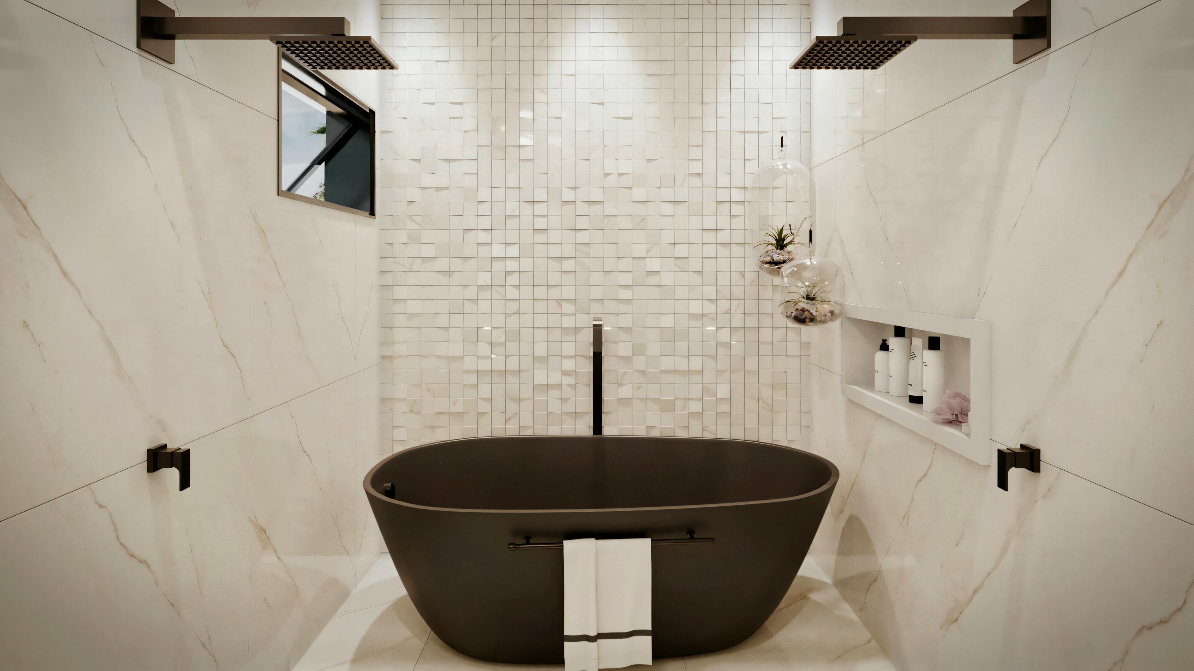 Brick-style white tiled bathroom, large round mirror above the sink, and a dark freestanding bathtub.