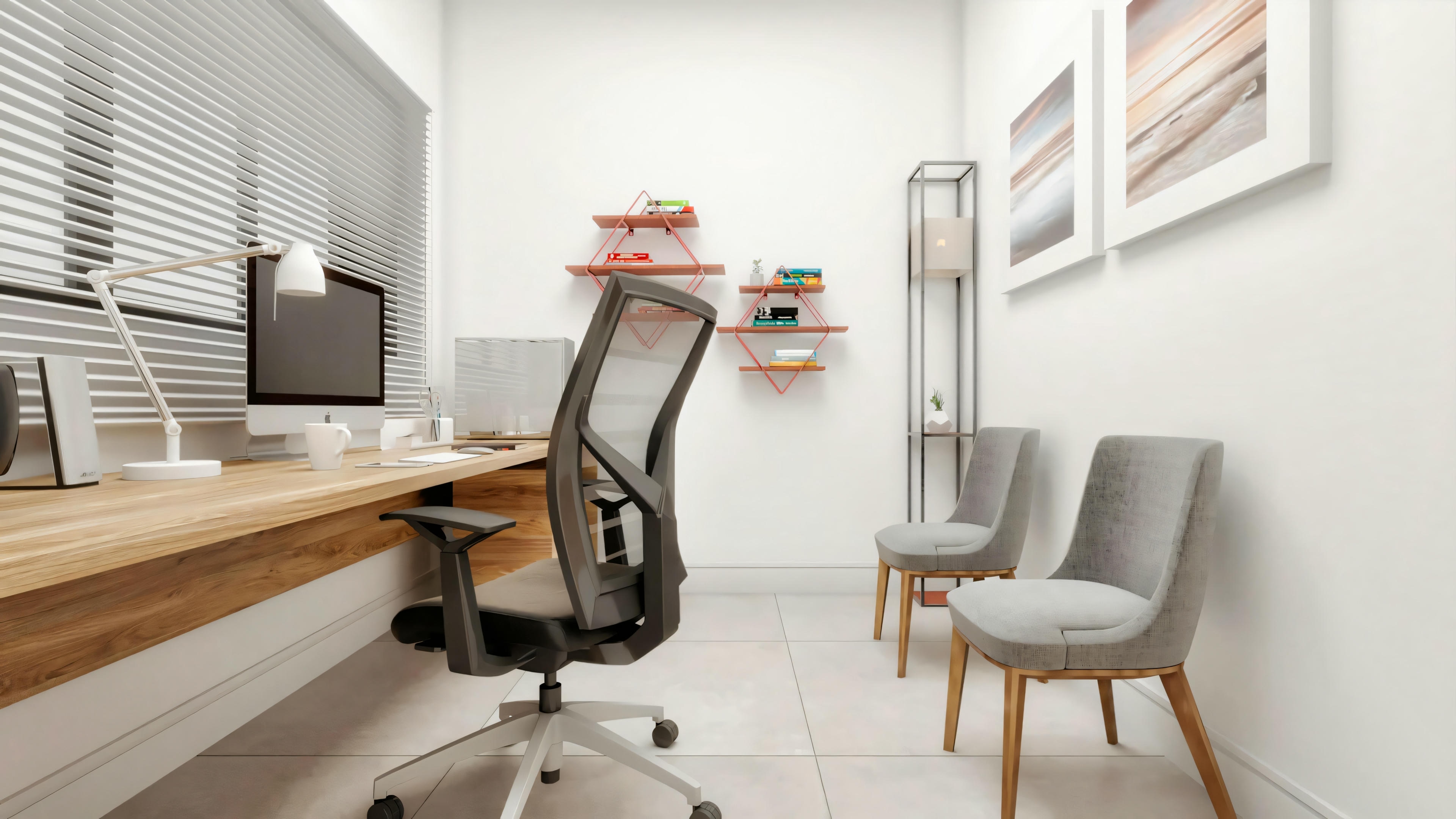 Office in a country house with a mesh ergonomic chair, wooden desk, and work-directed lighting.