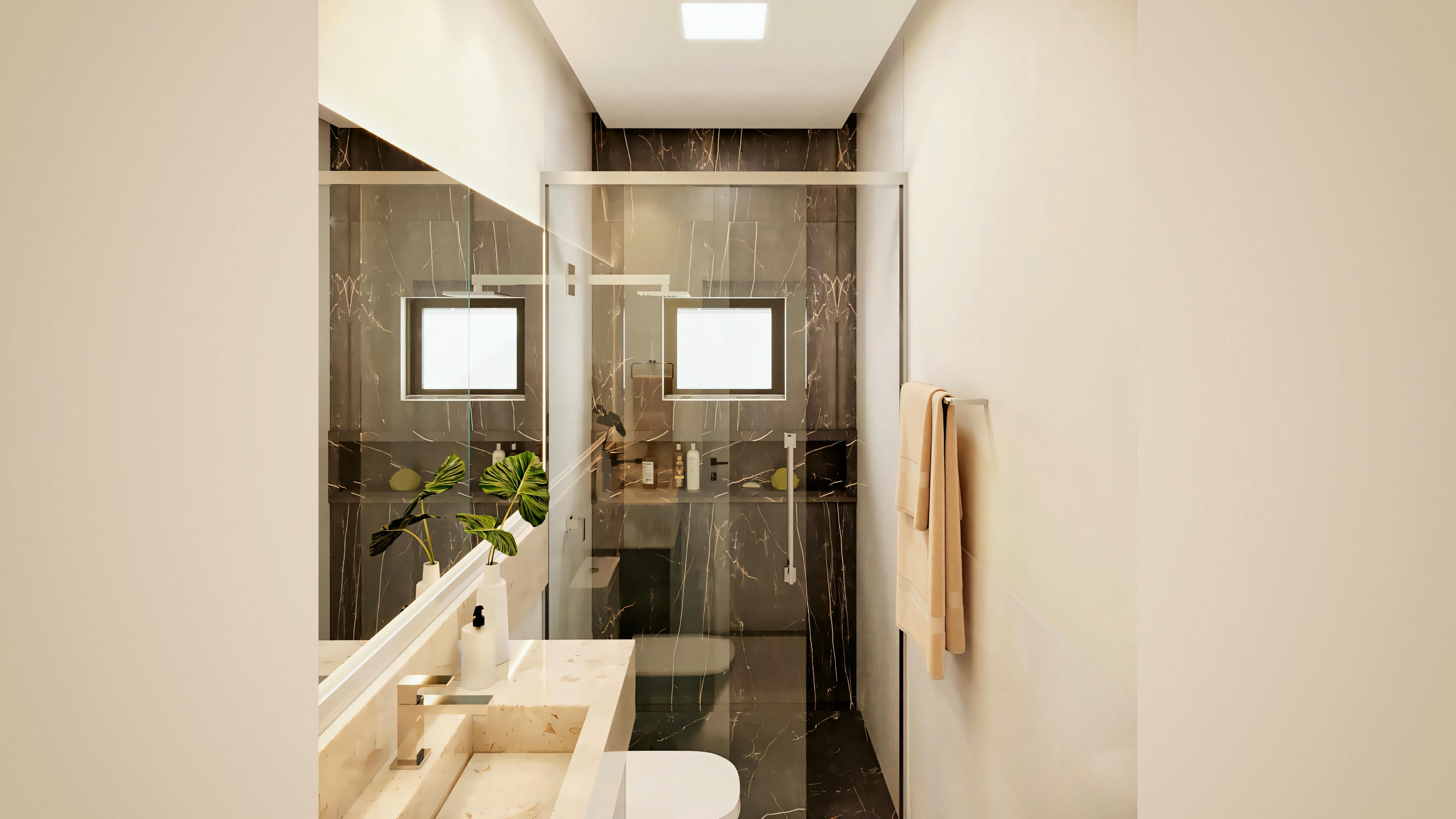 Cuarto de baño com lavabo, espejo y elementos de madera.