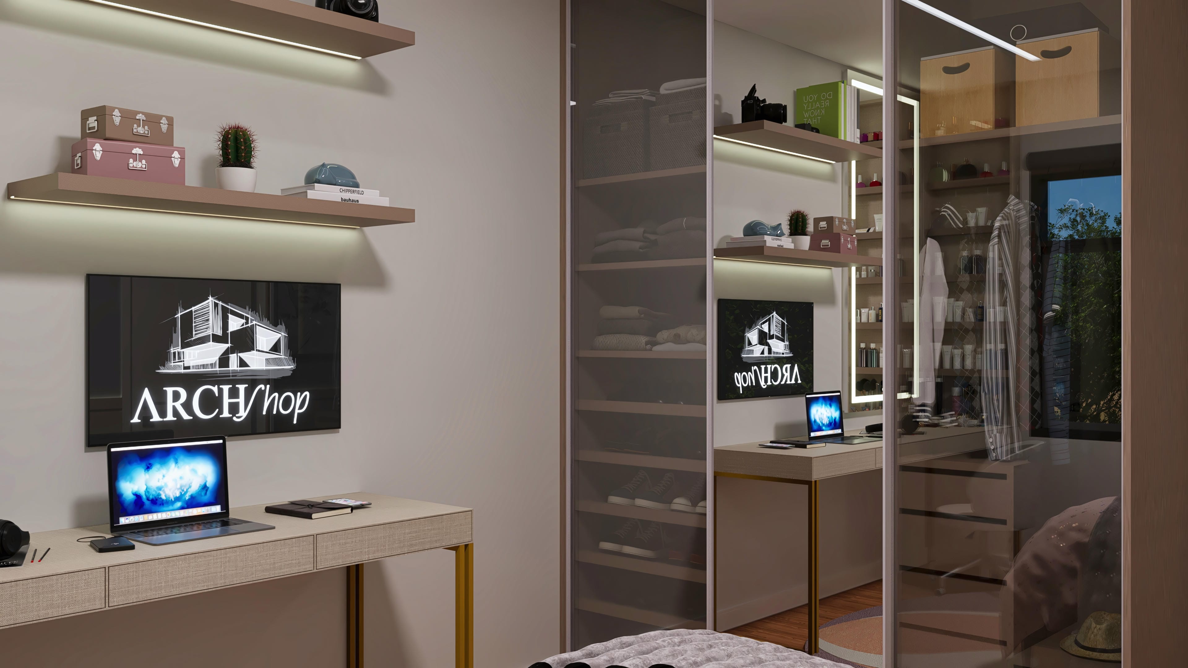 Ilustração de um sobrado moderno em tons neutros, com detalhes em madeira e iluminação embutida, oferecendo visão de um escritório e closet com iluminação de LED.