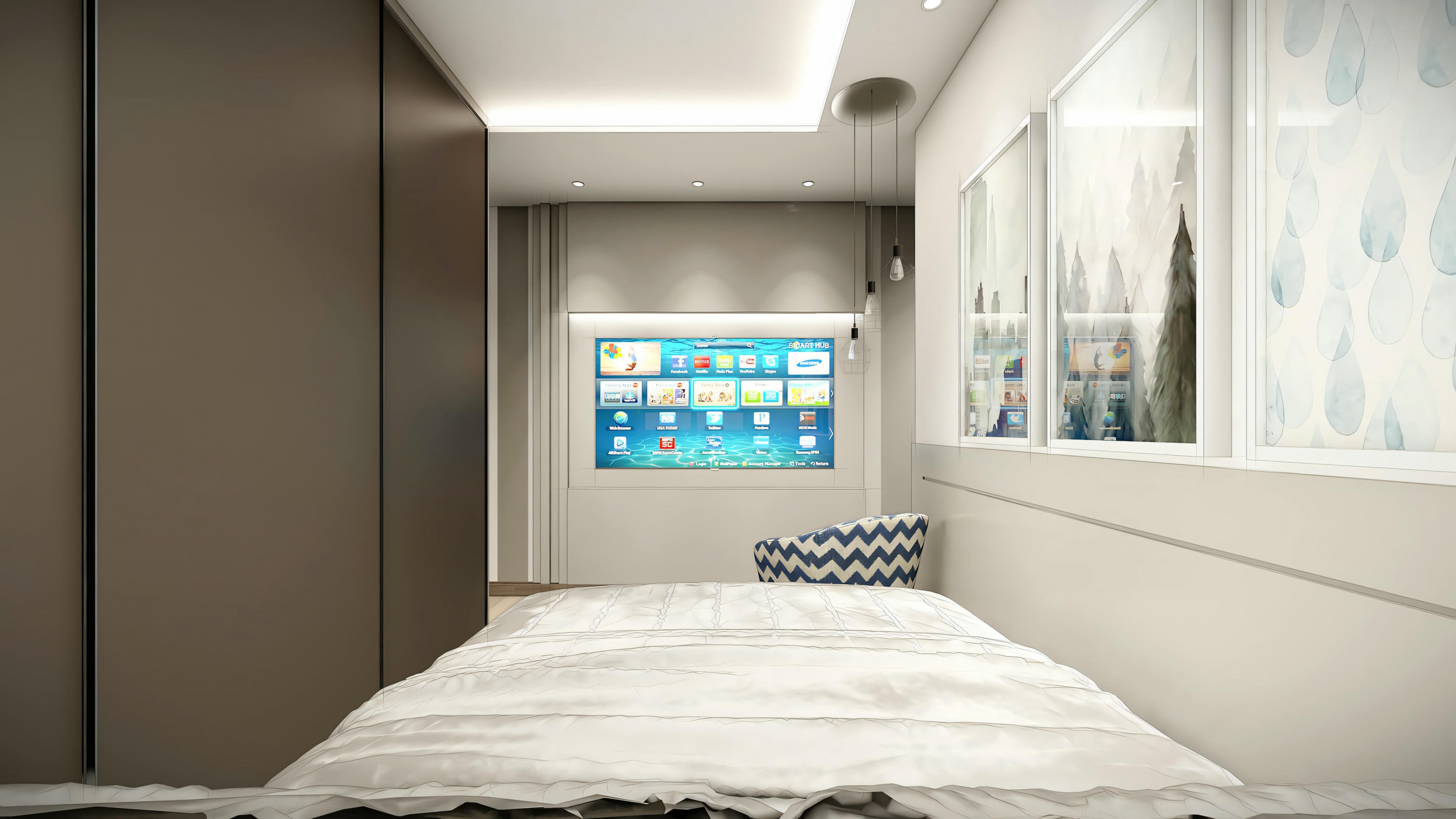 Dormitorio con cama de ropa de cama blanca y azul