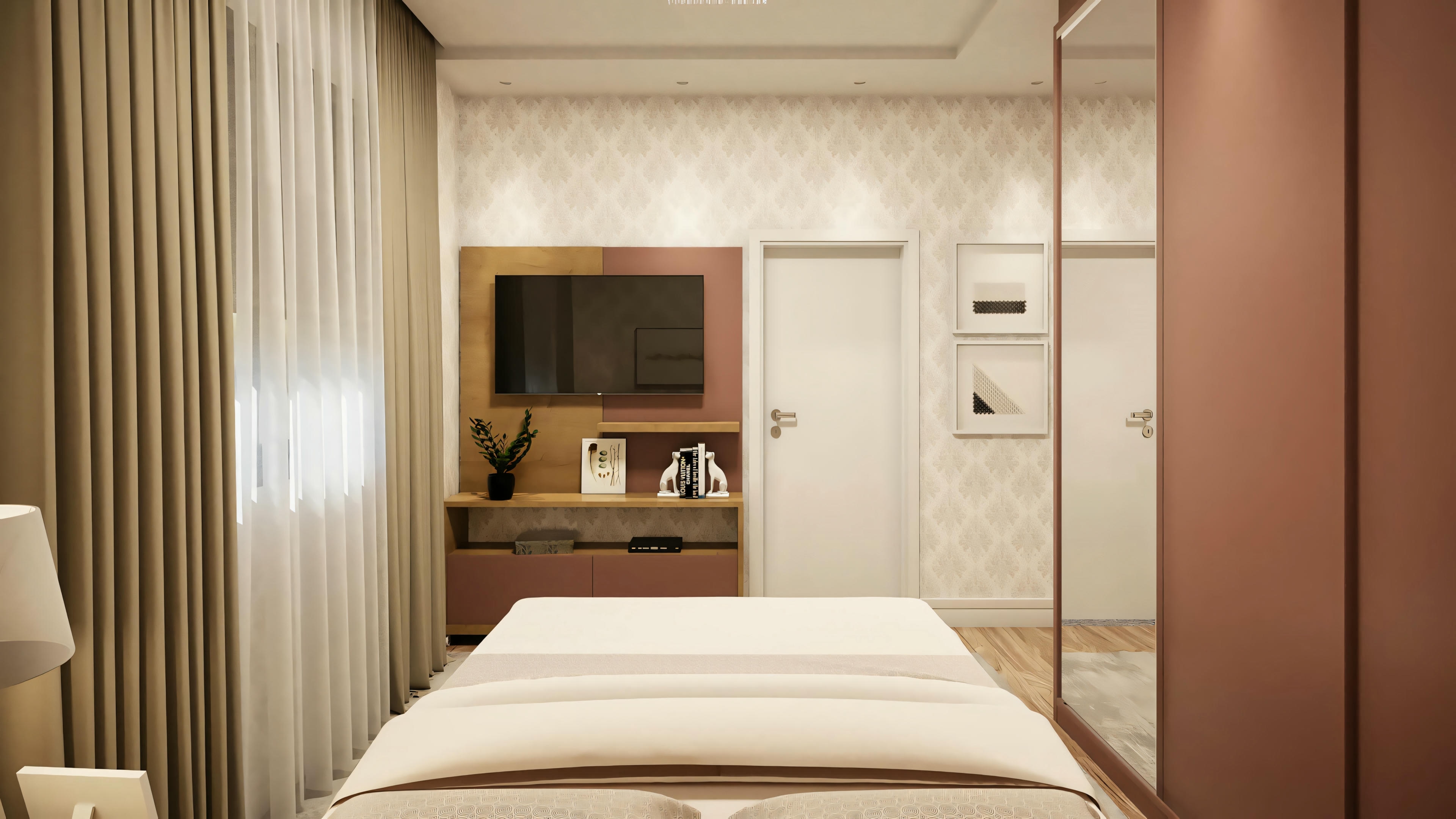 Un dormitorio moderno com cama arreglada, ropa de cama blanca, iluminación cálida y paredes revestidas de madera.