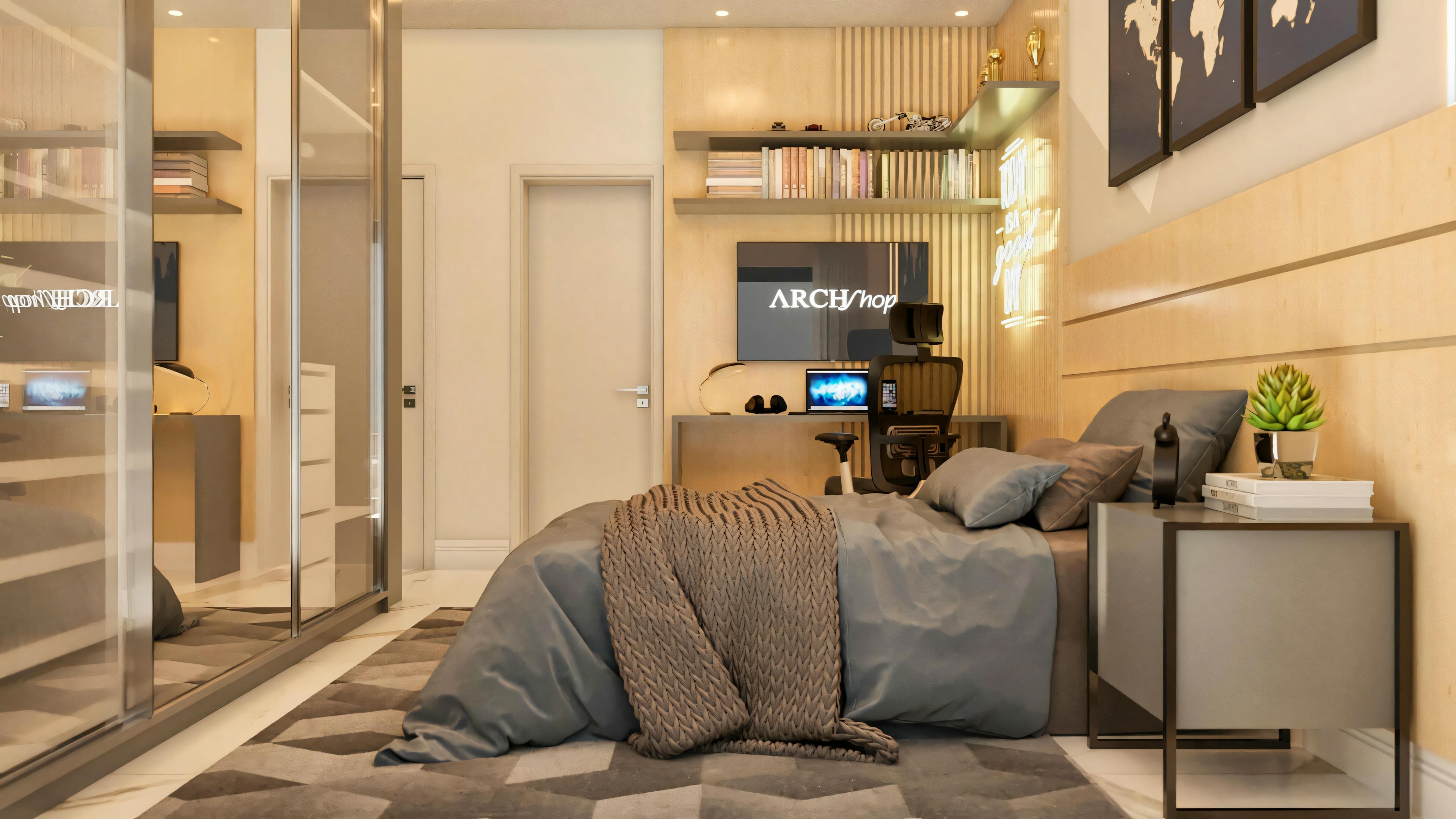 Dormitorio suite moderno en proyecto residencial de lujo, con cama de matrimonio, armario con puertas espejadas y escritorio integrado.