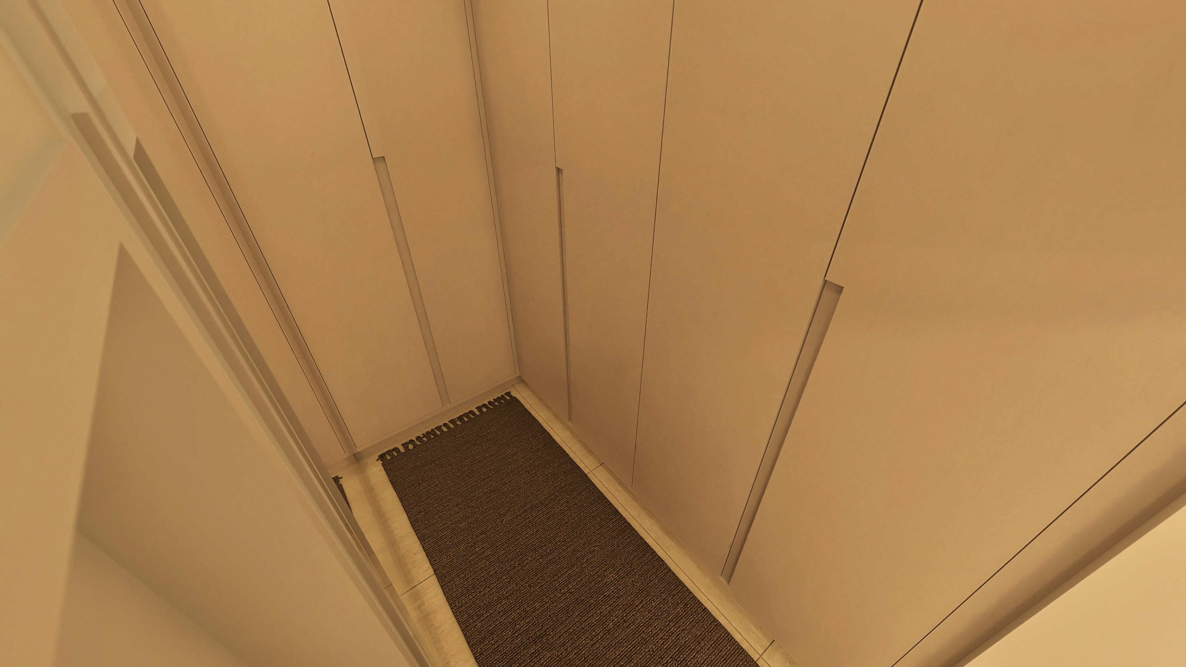 Detail of an internal house hallway with neutral-toned flush doors and a dark brown rug over light porcelain flooring.