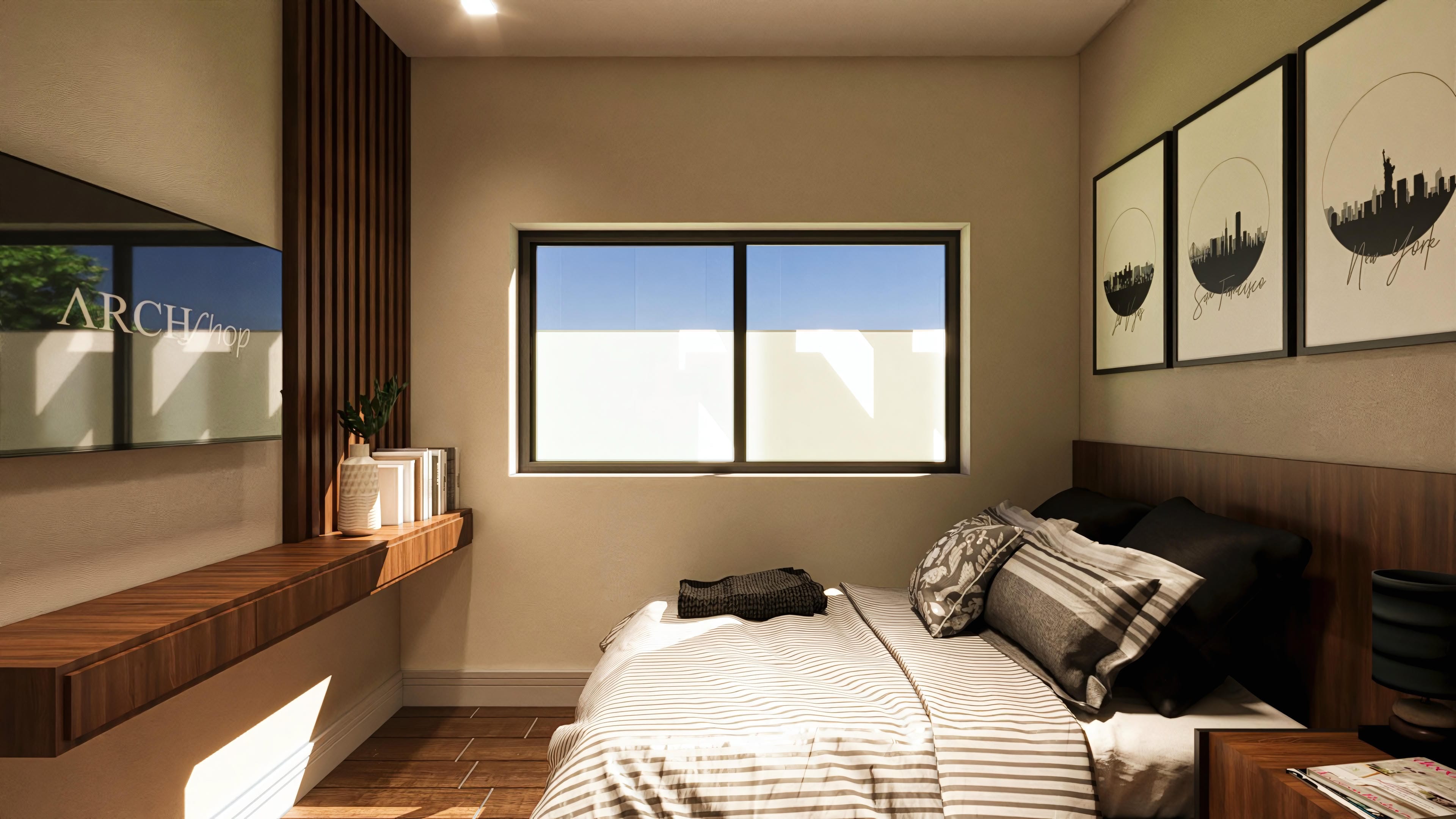 Interior de habitación de alto estándar con cama king-size, mesita de noche de madera y panel decorativo.