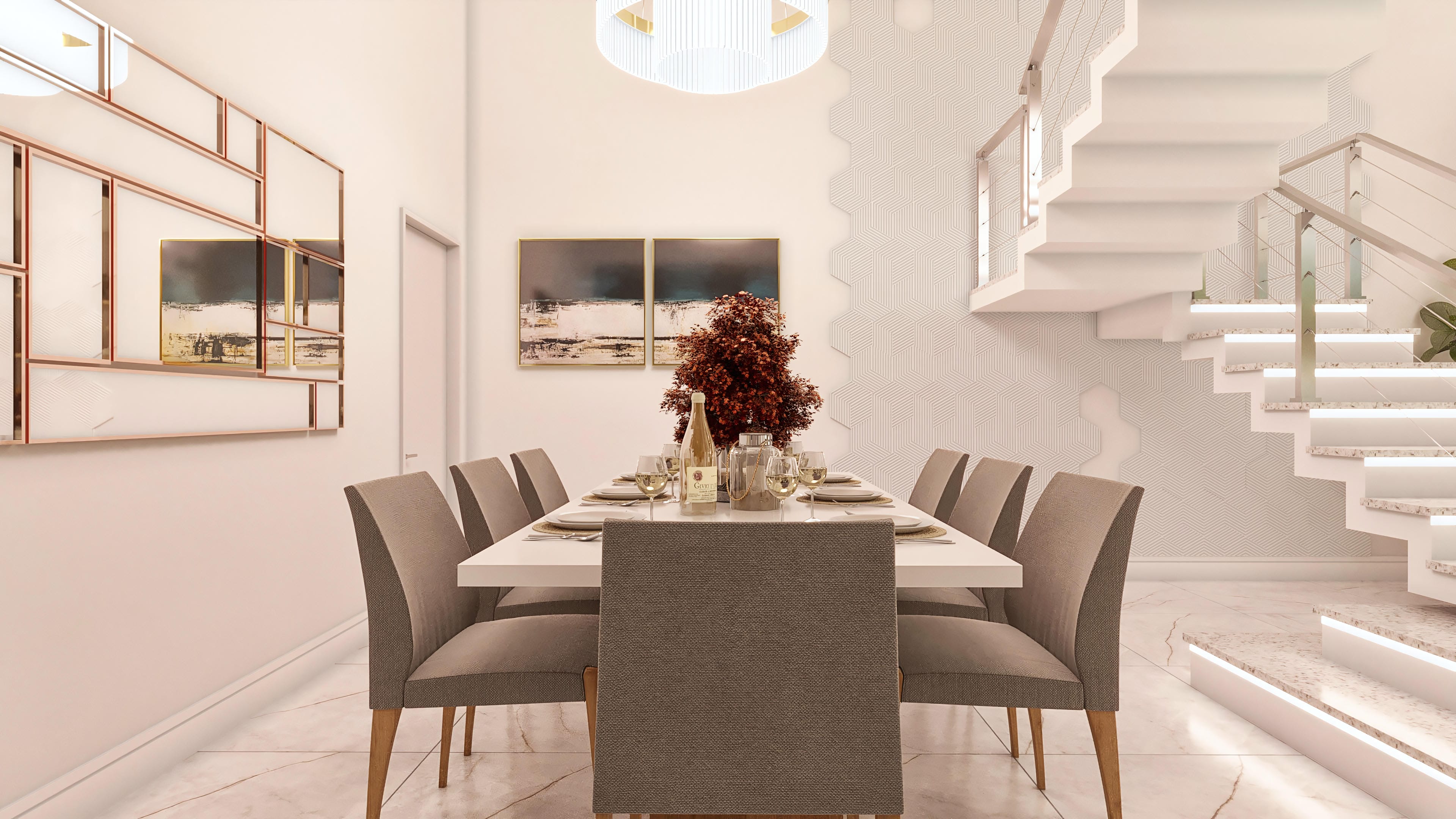 Visão interna de um sobrado moderno, apresentando uma sala de jantar com mesa elegante e cadeiras estofadas, além de uma escada flutuante com iluminação em LED.