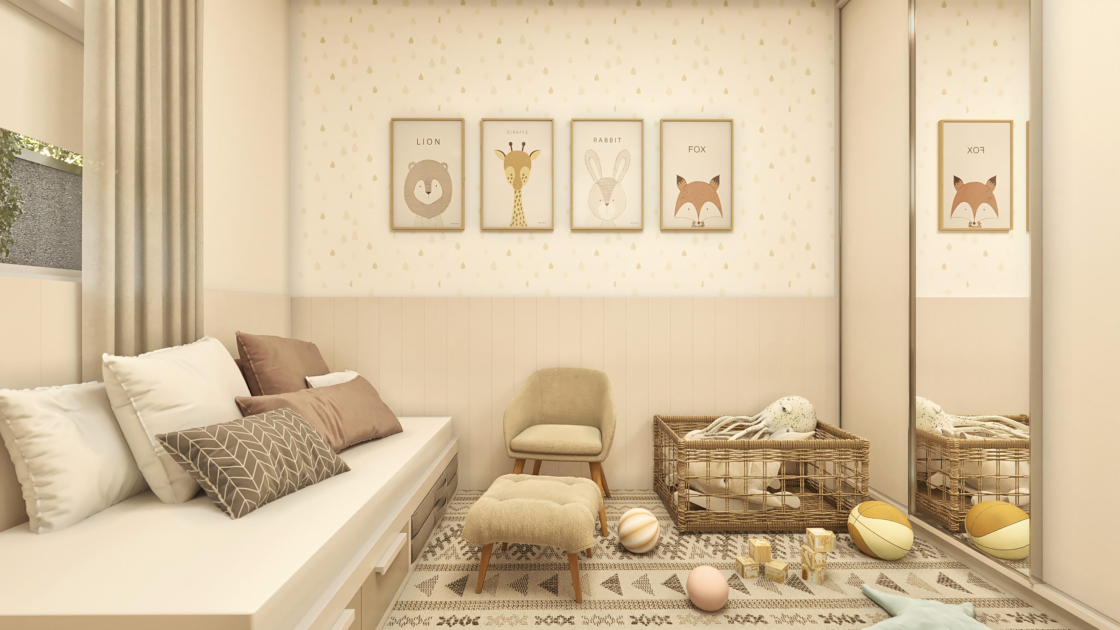 Internal detail of a child's bedroom with a built-in bed, armchair, basketry, and animal-themed decorations. Neutral tones and functional design.
