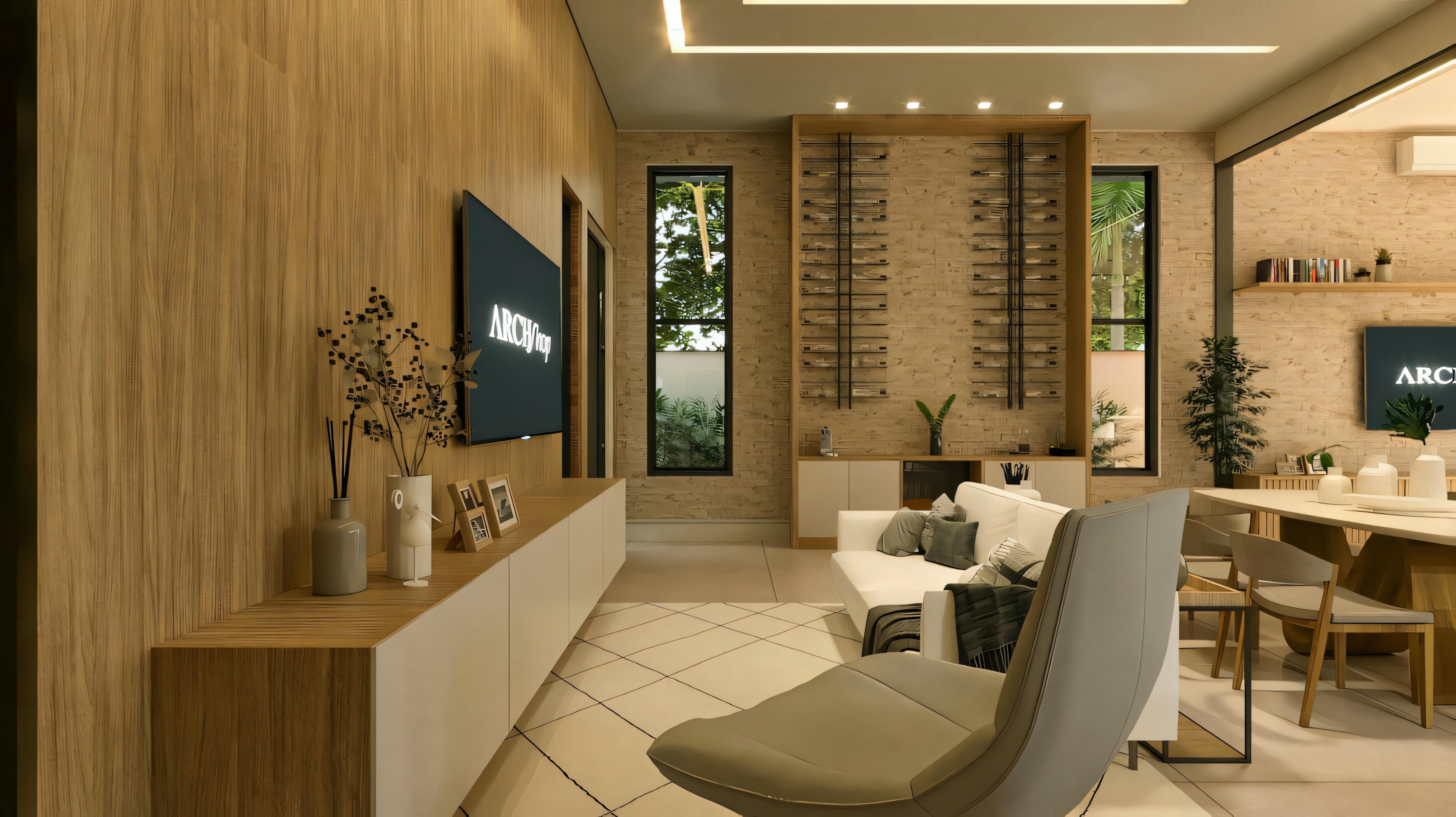 Room with wood panel.