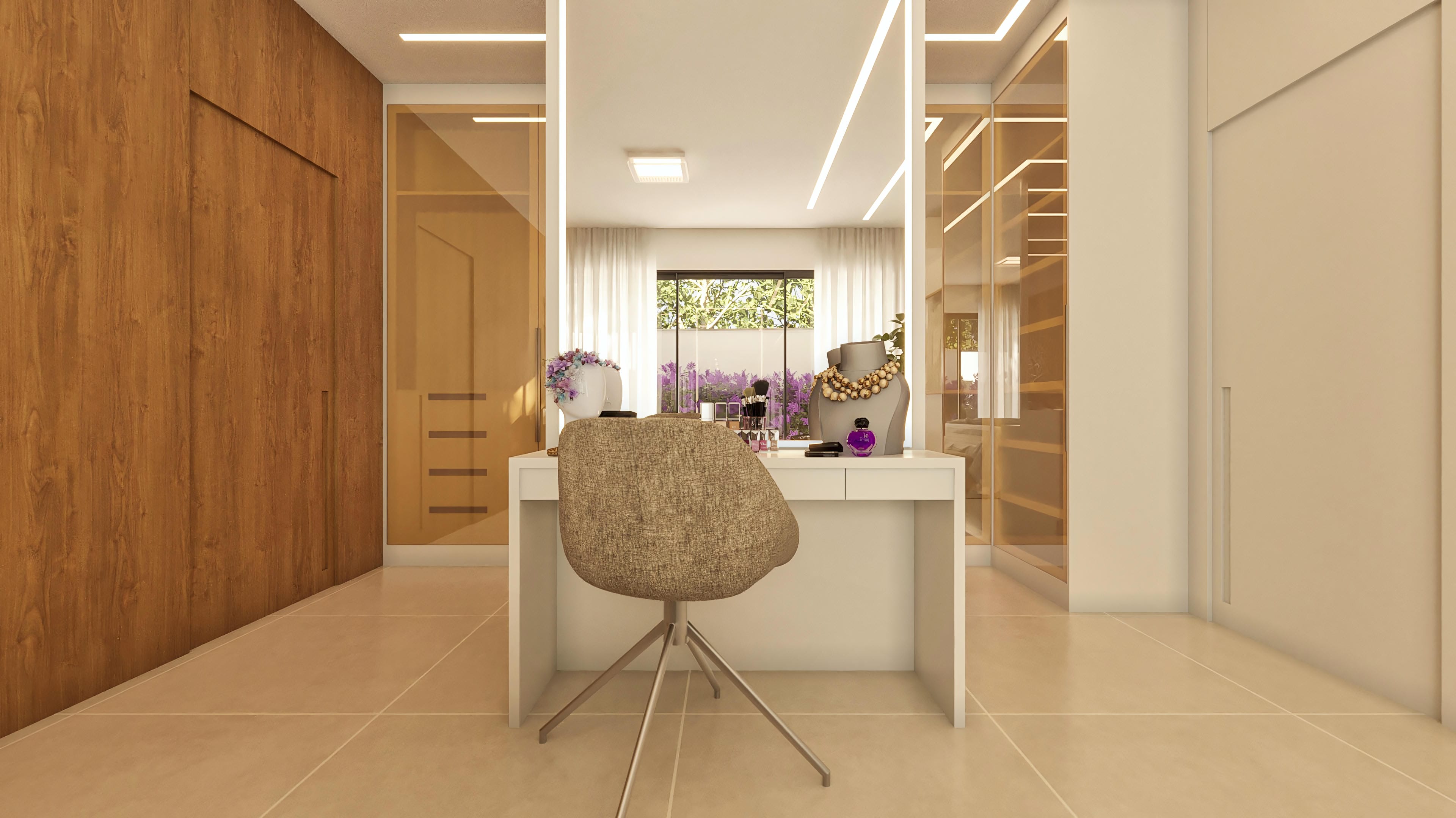 Interior of a suite with an integrated closet, featuring custom cabinets with a woody finish, modern makeup vanity, and built-in LED lighting.