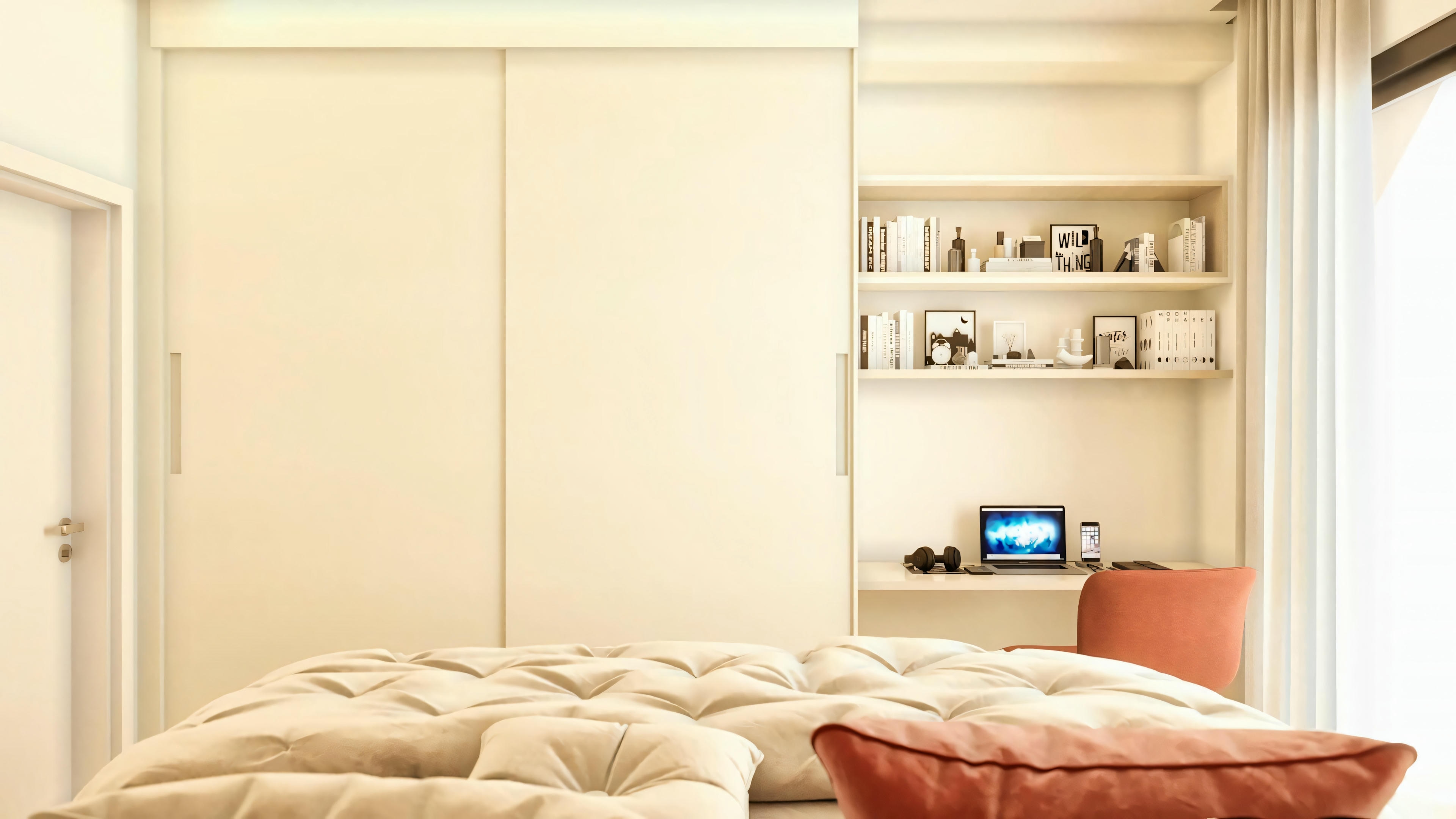 View from the master suite bed in the 330m² two-story house architectural project, showing a custom wardrobe with light-colored sliding doors and an integrated study nook with shelves and an orange chair.