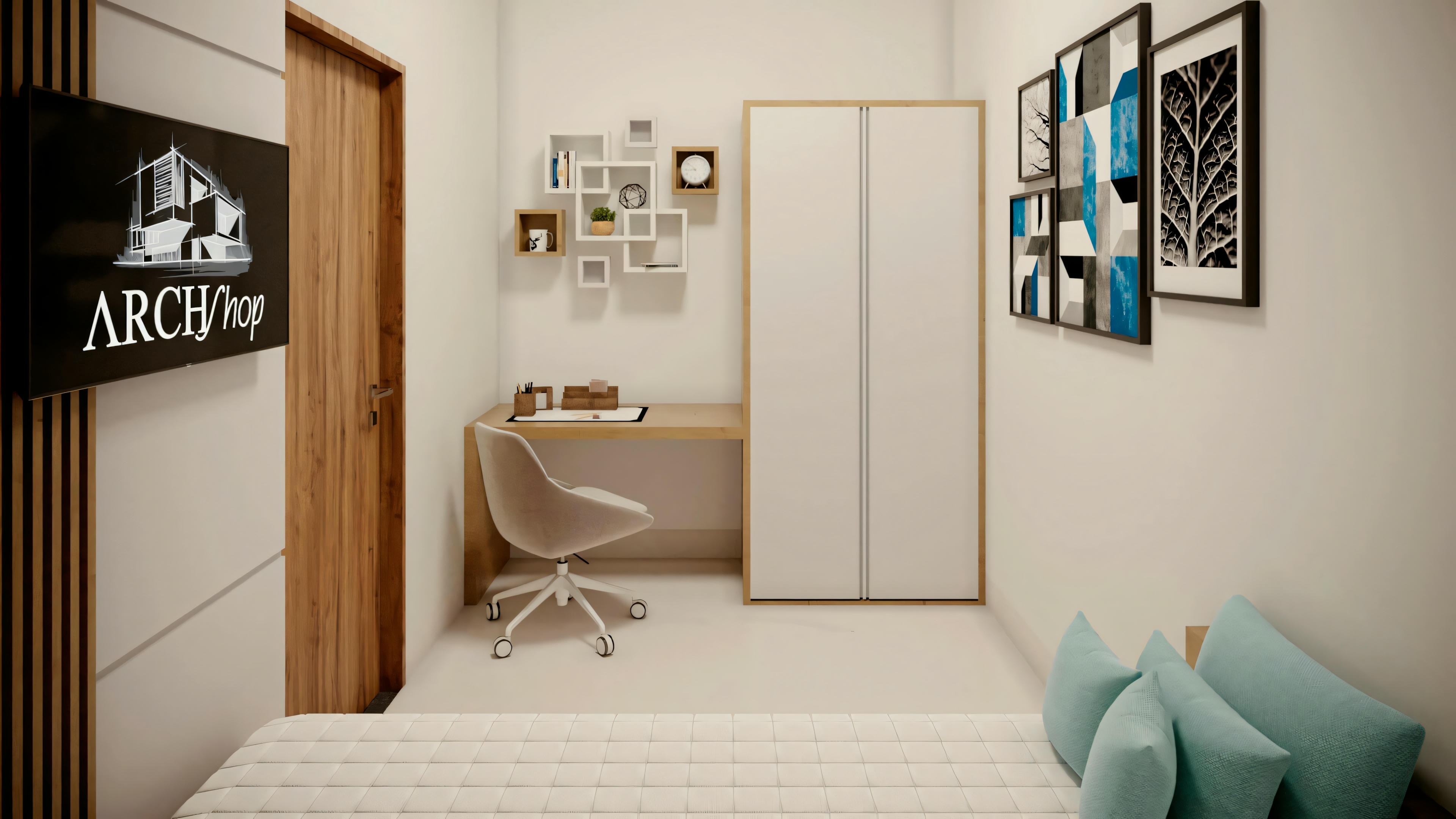 A bedroom that has white bedding and blue pillows. There is also artwork and a mirror on the wall opposite the bed.