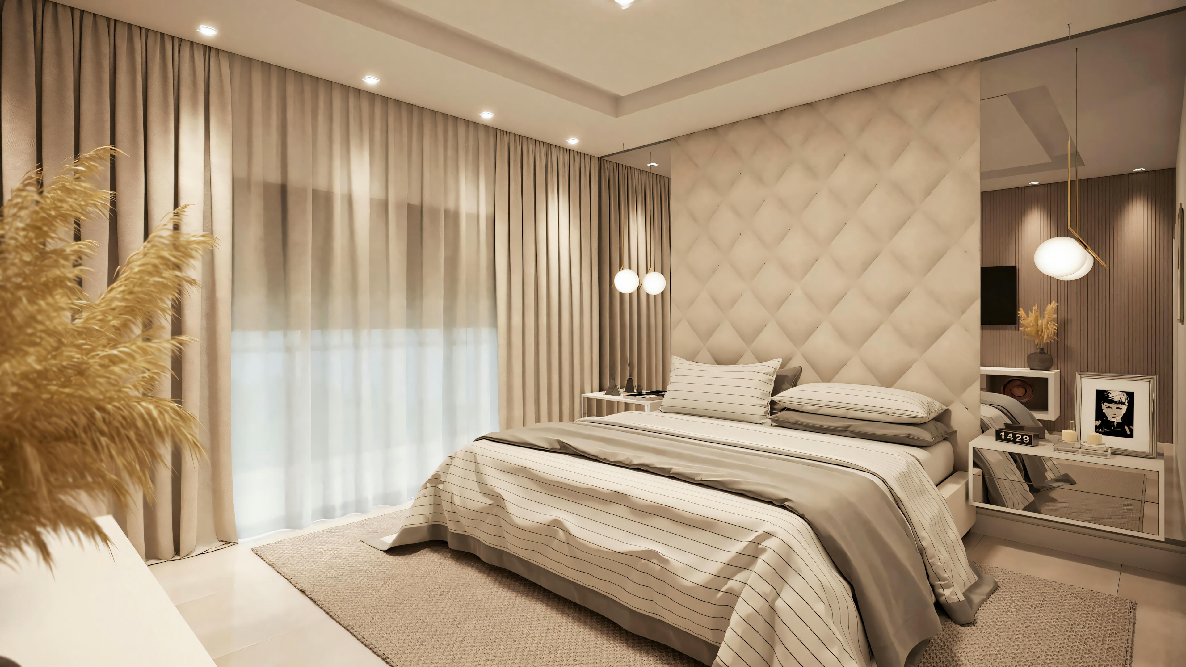 Modern bedroom with a bed, side tables, and lamps.