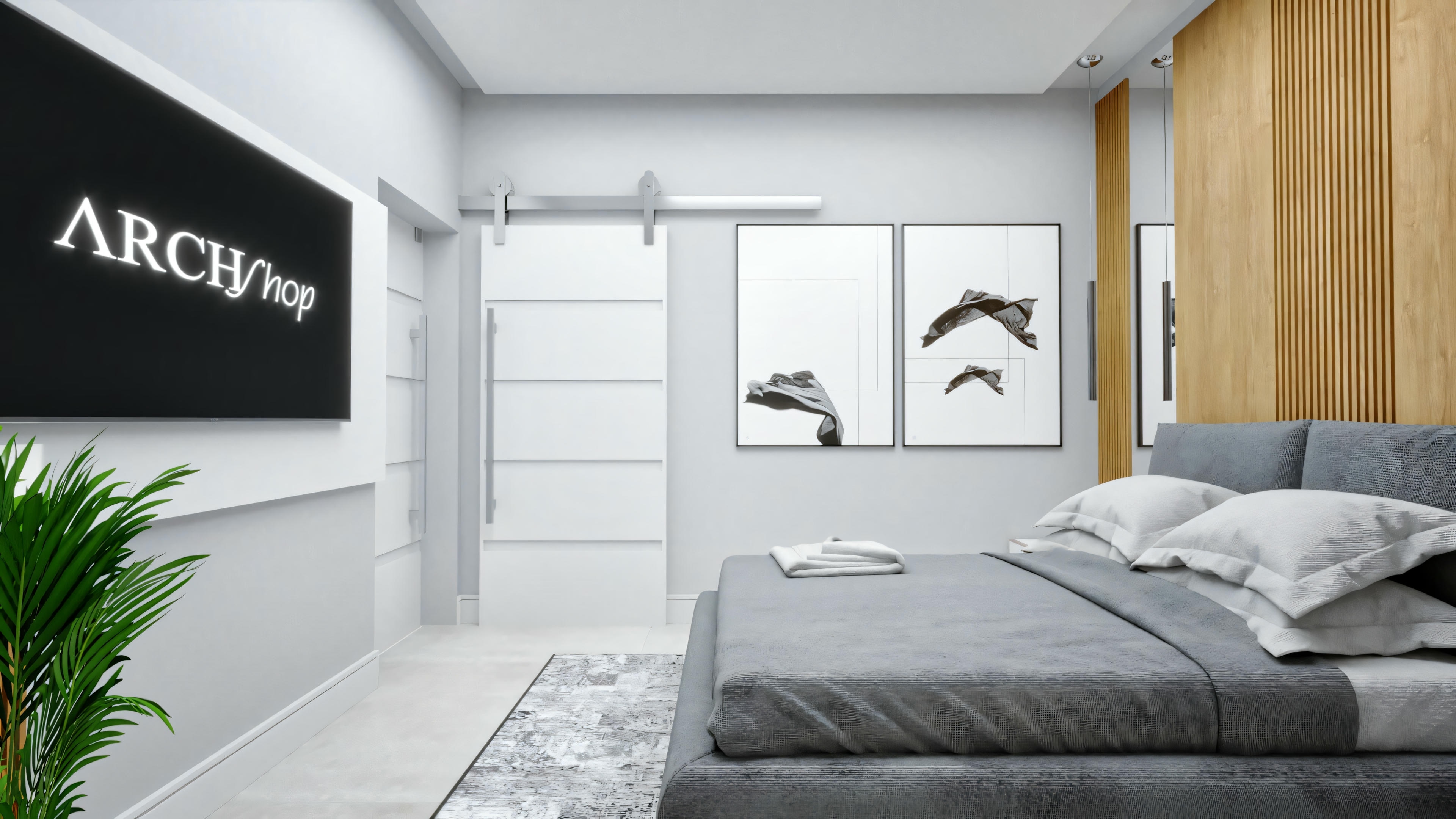 A modern bedroom with a bed