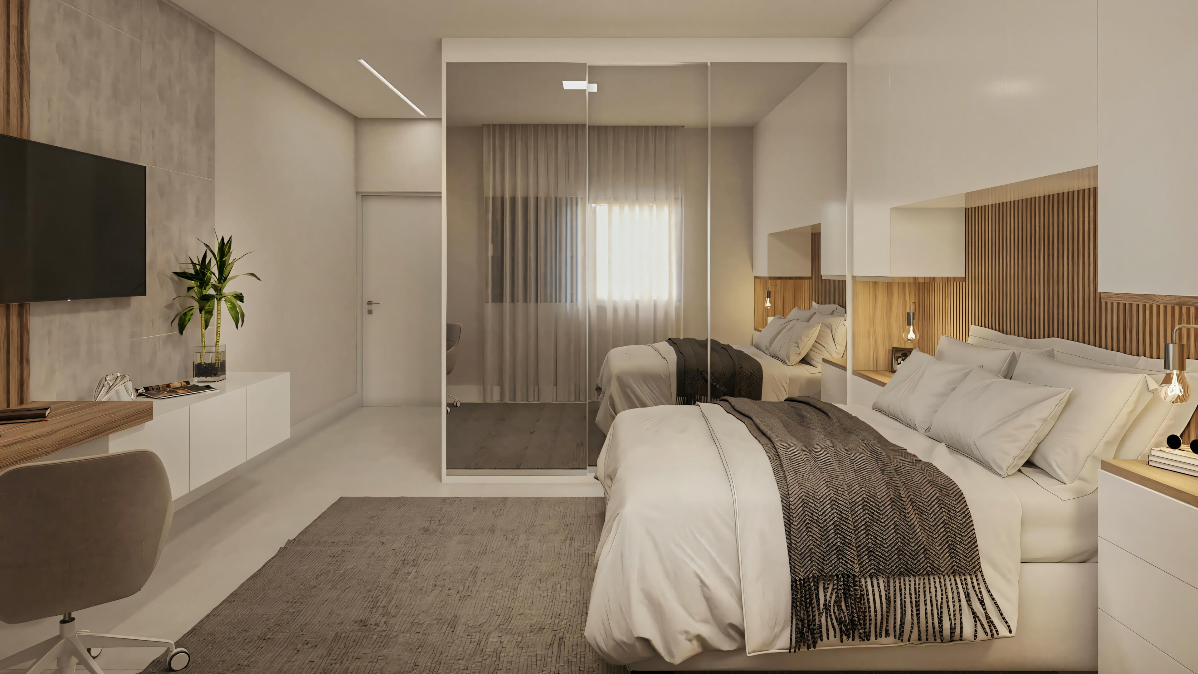 Bedroom with a bed covered in white linens, a gray blanket at the foot, nightstands with lamps, and an open door to another room.