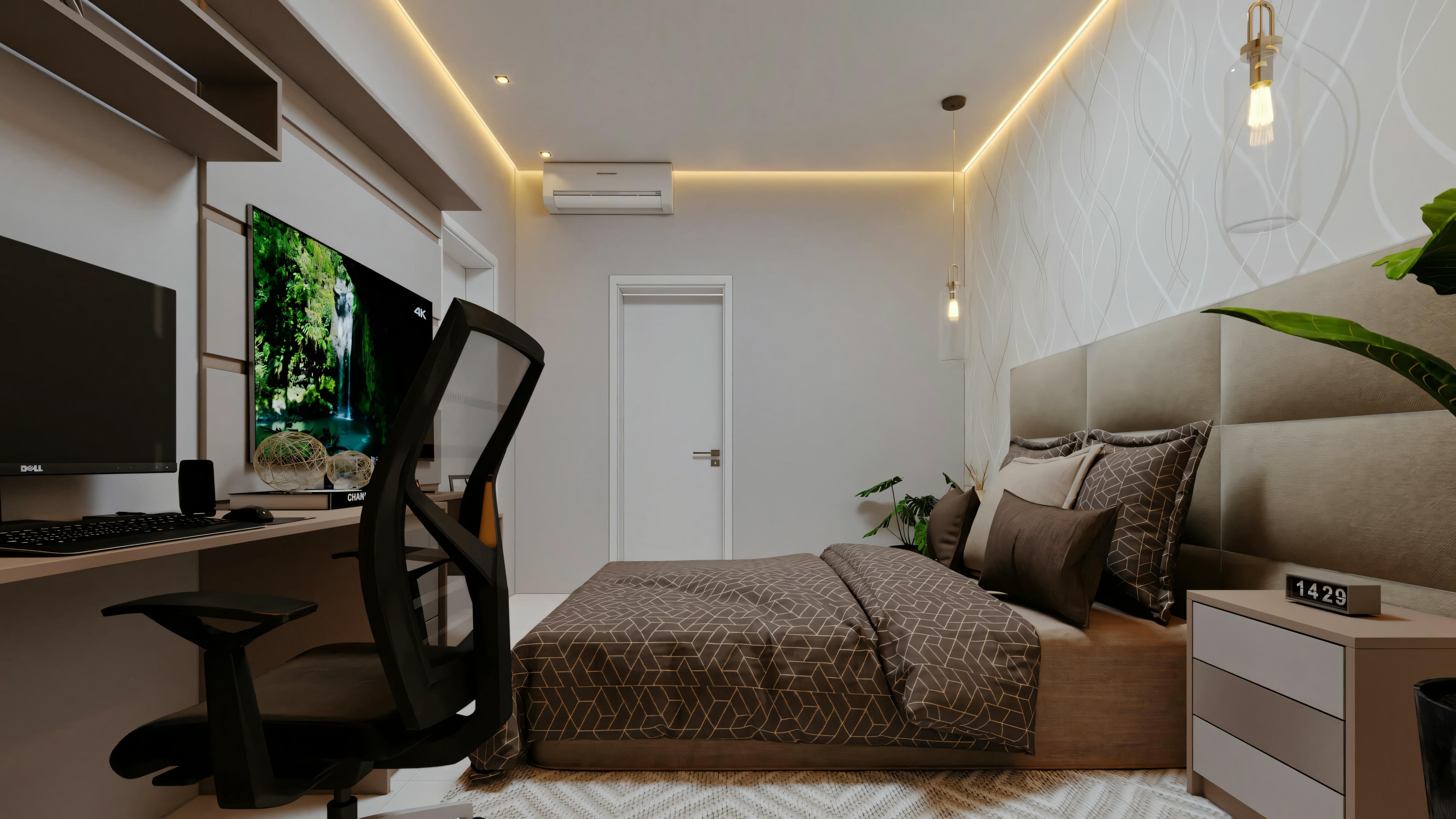 A modern bedroom with a large bed, white bedding, two nightstands with lamps, and an upholstered headboard.