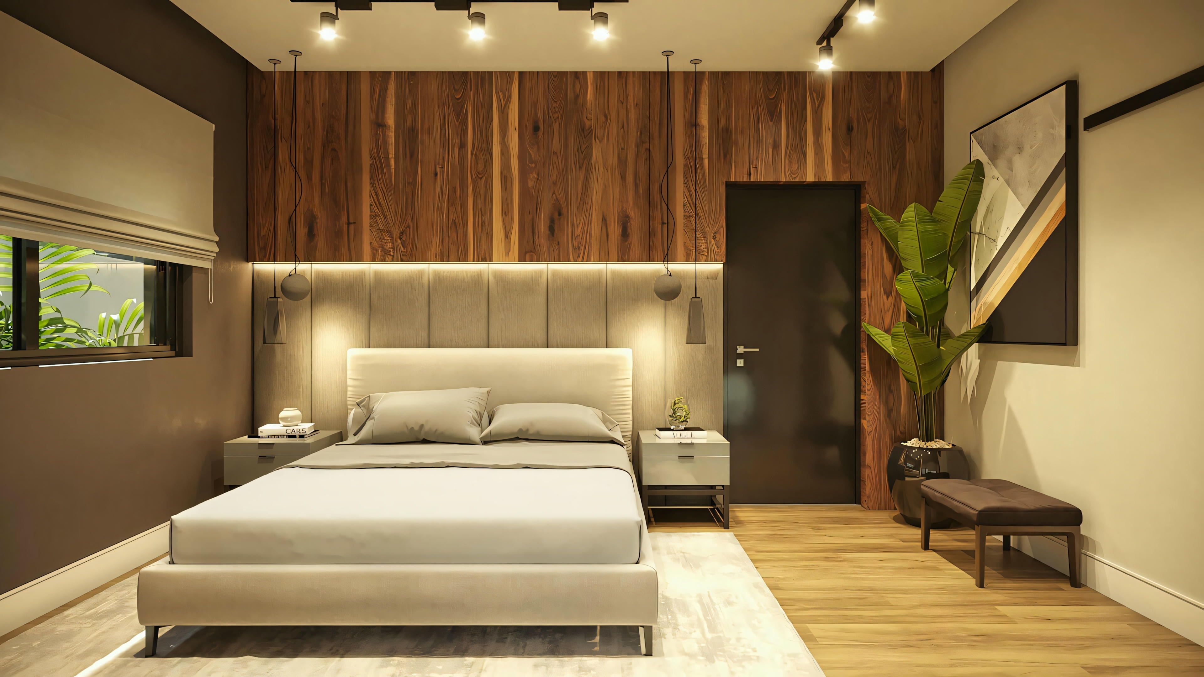 Modern bedroom with wooden panels on the wall behind the bed, two bedside lamps, and a large window or glass door.