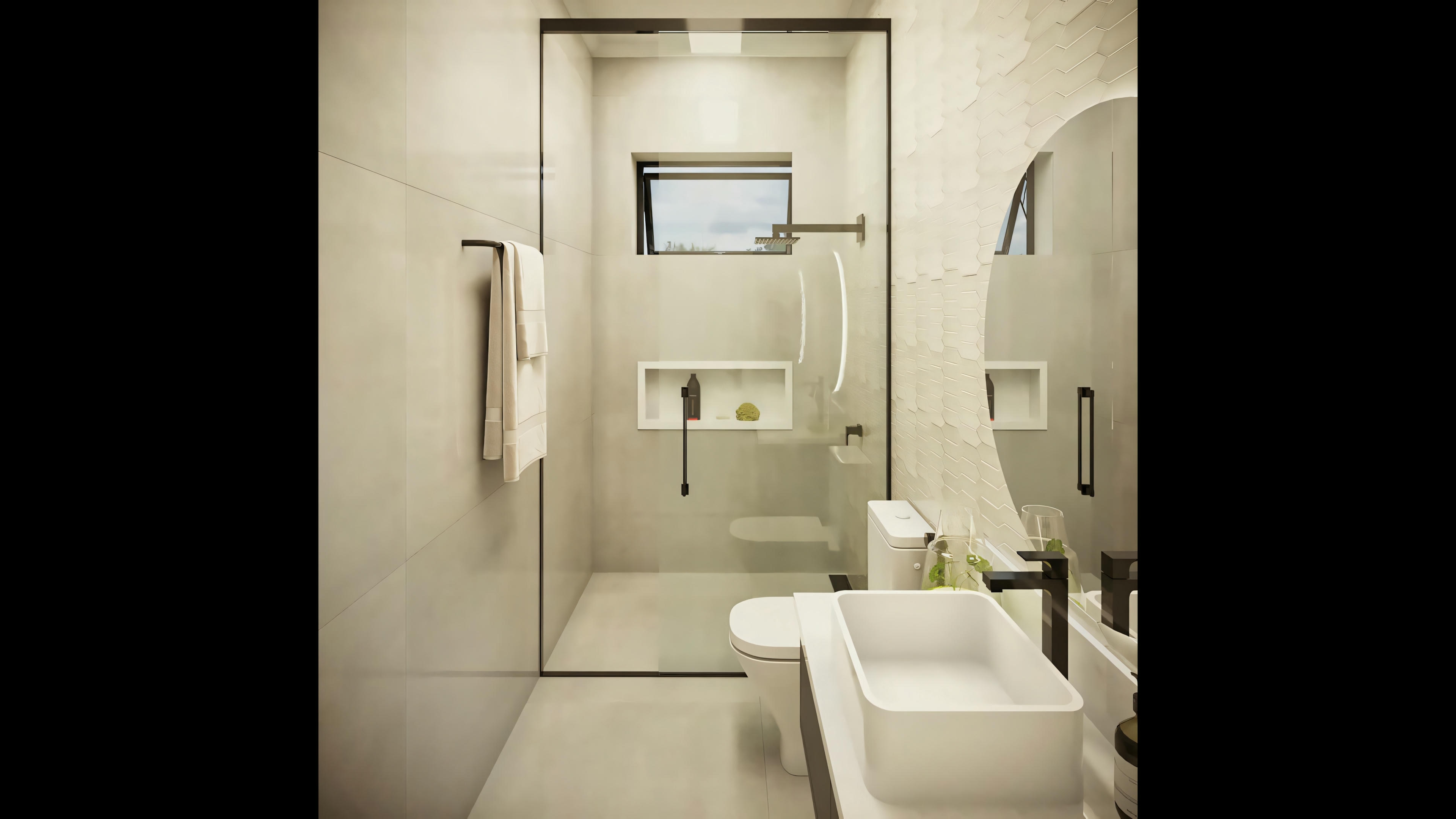 Modern bathroom with granite floor and black metals, in the ready-made house plan with 3 suites and gourmet area. 368.67sqm ready-made house project.