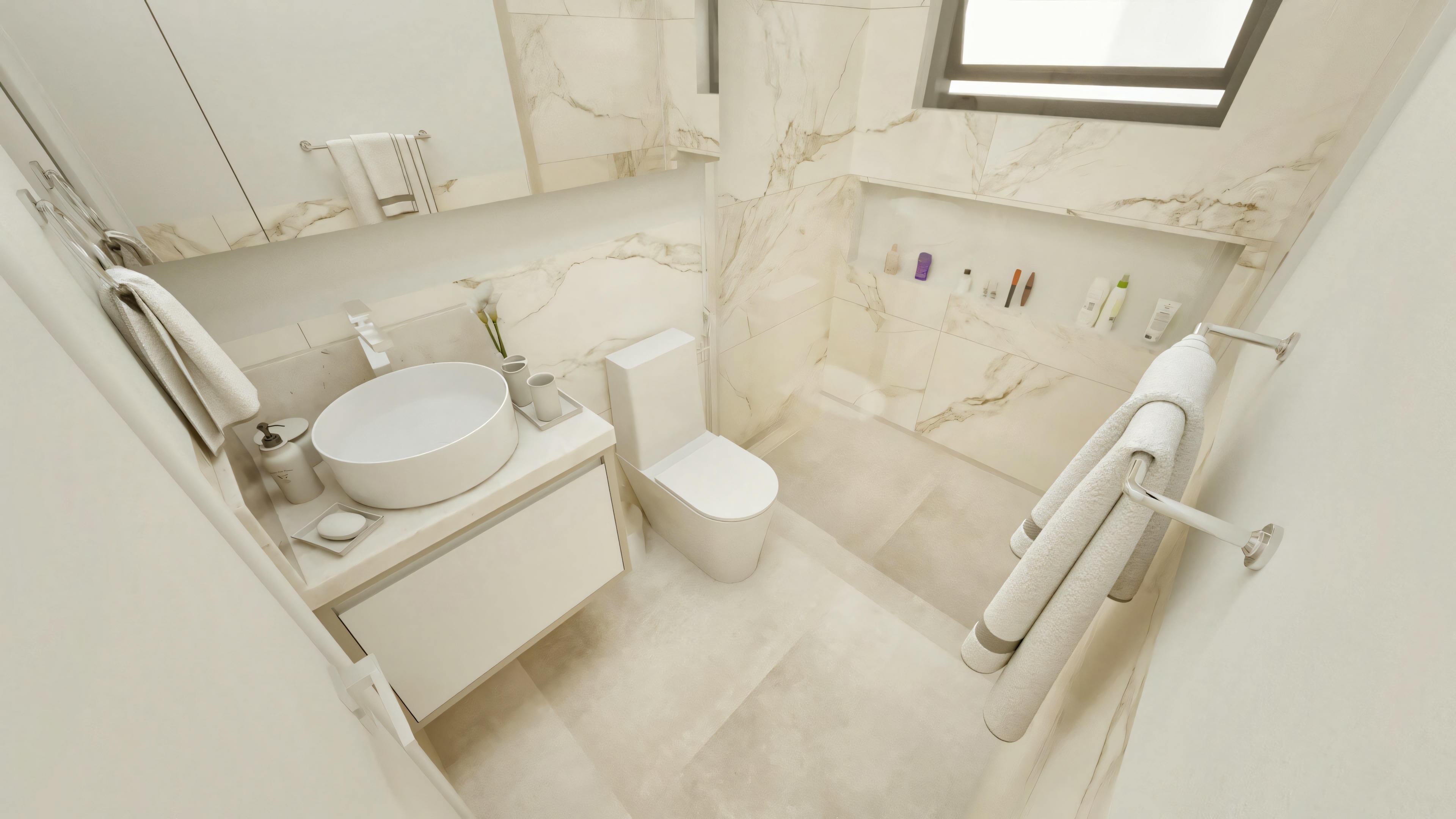 Angular top view of the bathroom of one of the 4 suites of the modern ground floor house, showing a shower stall with built-in niche, toilet, countertop, and light marble cladding.