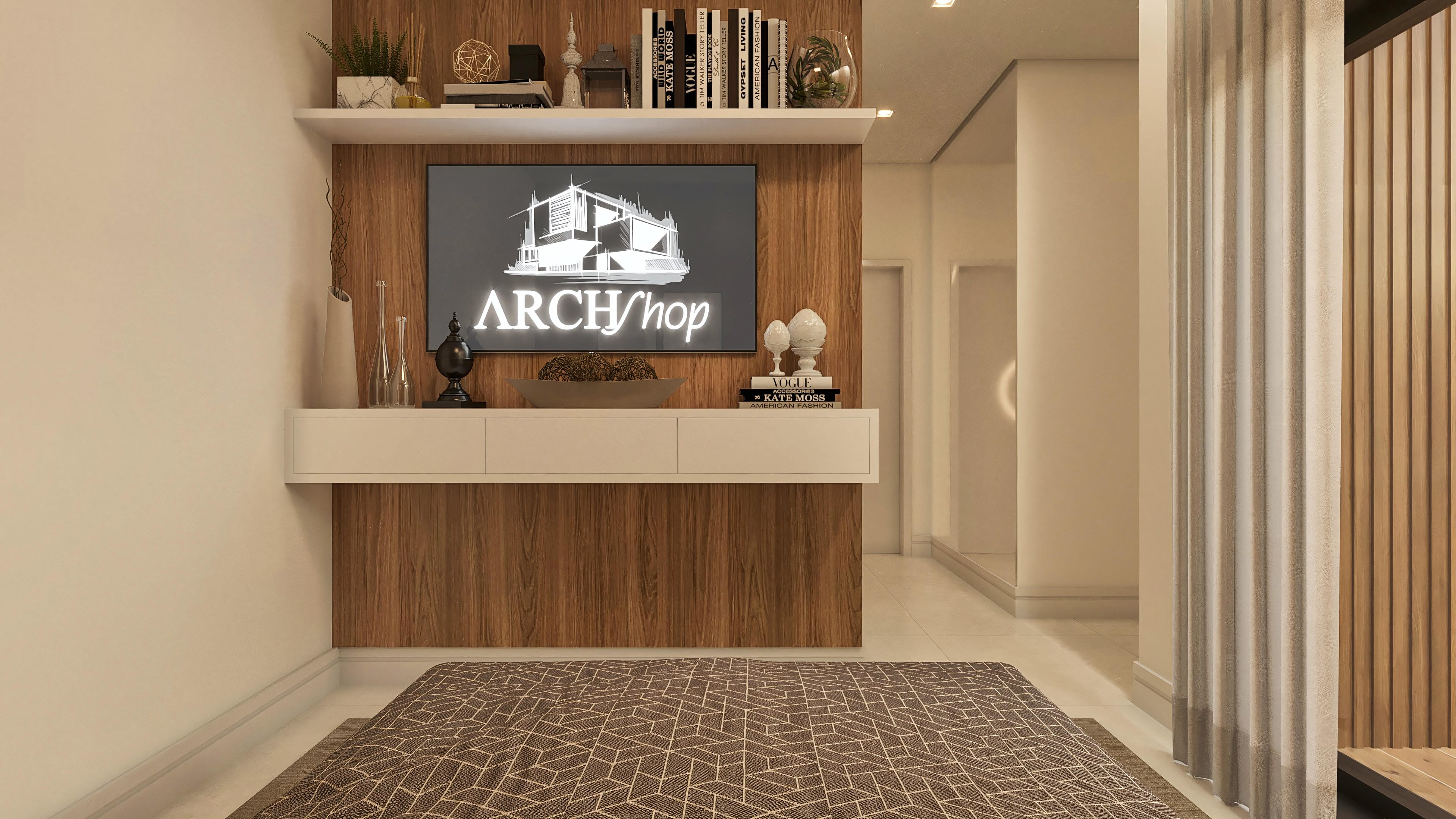 Modern living room with a woody slatted panel, white floating shelf, and television. Details in earth tones and built-in lighting.