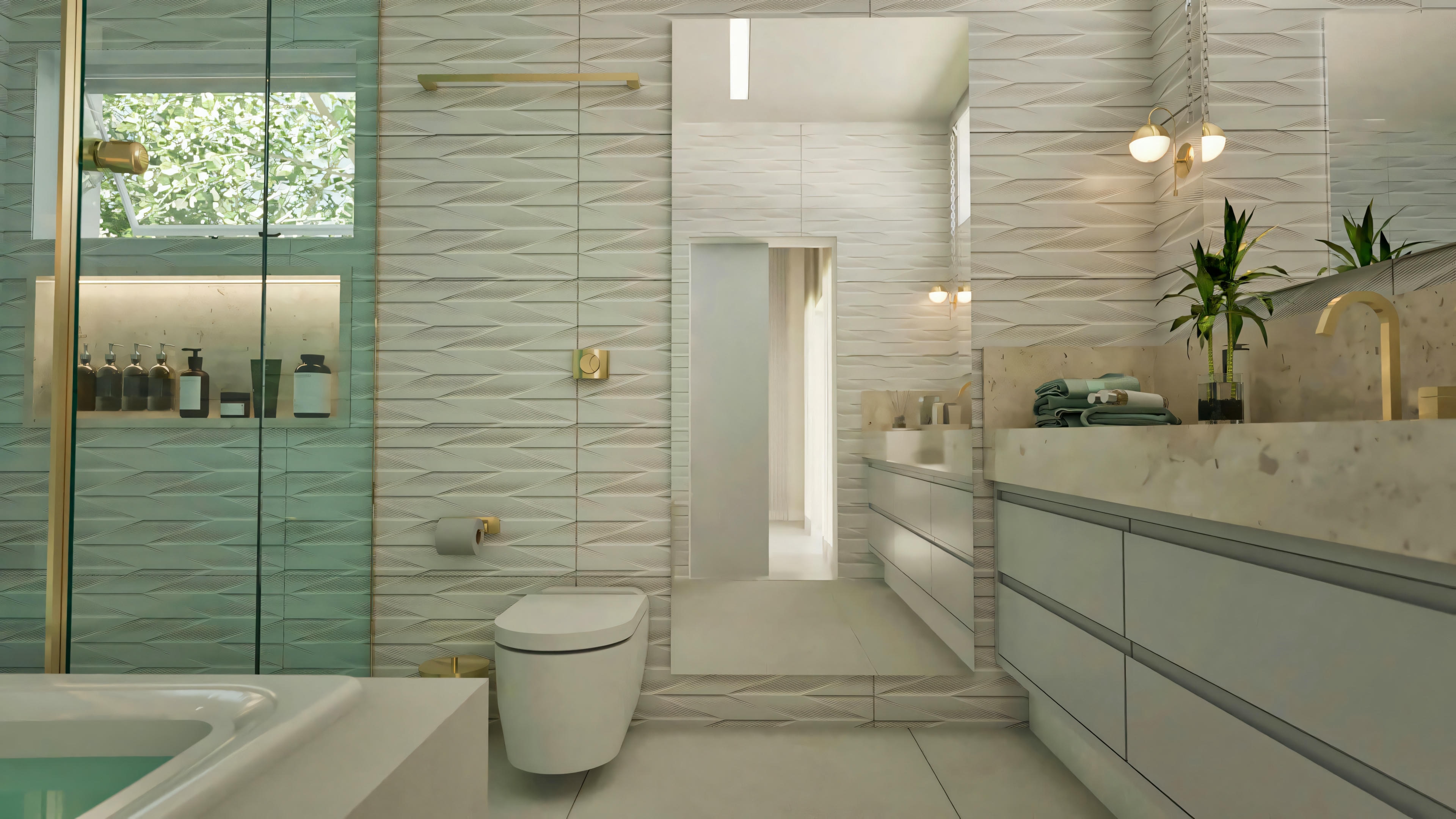 Full photo of the master suite bathroom in this modern single-story house plan with 3 bedrooms (203.67m²). Complete environment with countertop, toilet, glass shower enclosure with niche, and finishes with gold metal details.