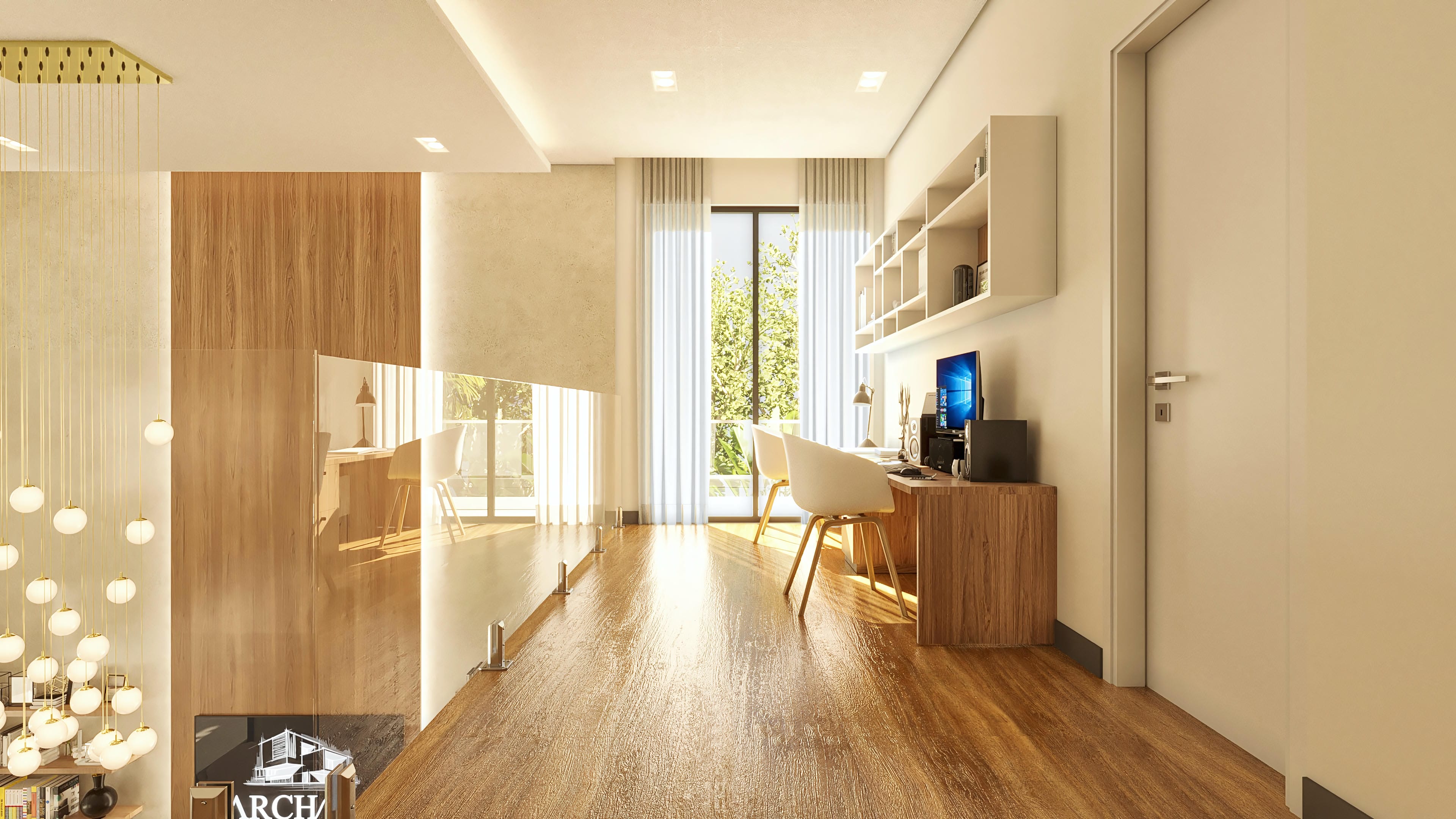 Interior de una oficina moderna con suelo de madera pulida, estantes blancos y grandes ventanas con cortinas.